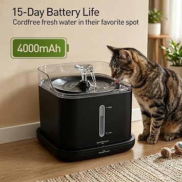 Smart Pet Water Fountain 2.2L (Wi-Fi) 3 Water Modes, 2.4GHz App Control, Motion Sensor & Intermittent Flow Rechargeable, Detachable Tank, Ideal for Cats & Small Dogs Black