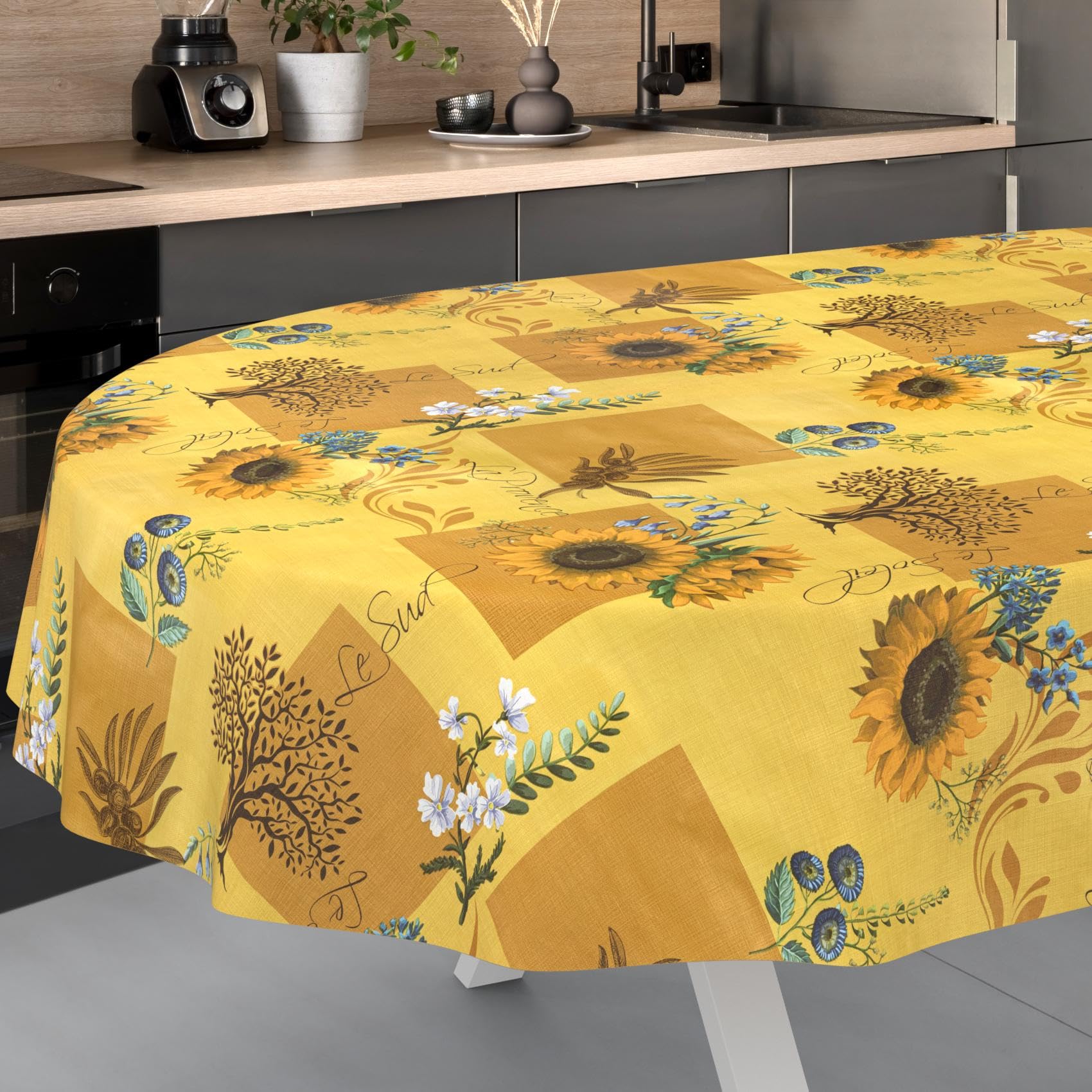 Wachstuchtischdecke Tischdecke abwaschbar Wachstischdecke pflegeleicht wasserabweisend Lotuseffekt Gartentischdecke Sonnenblume Oval 180 x 140 cm Schnittkante