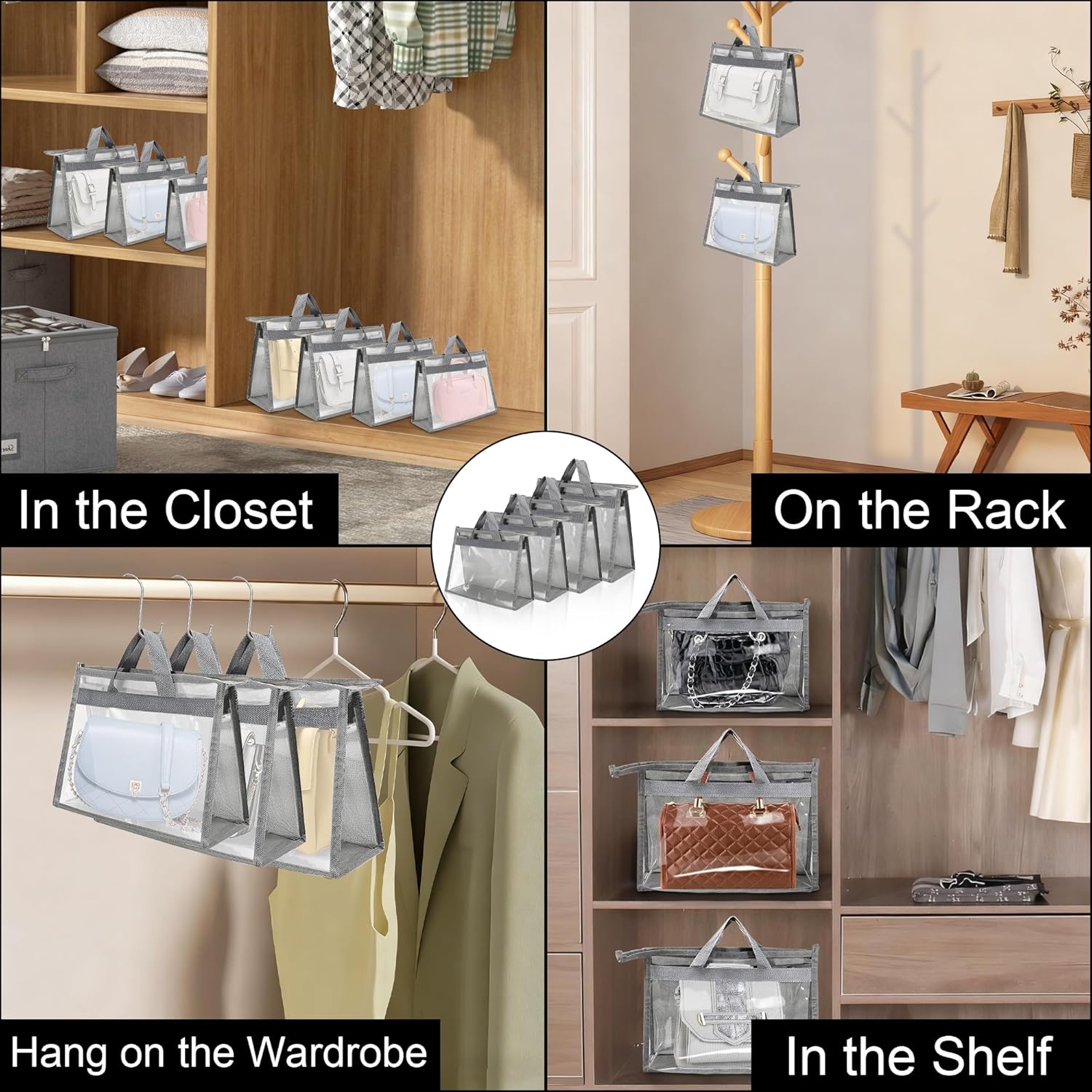 12 Packs Clear Handbag Storage Organizer, 4 Sizes Grey Dust Bags for Closet, Purse Organizer with Zipper Handle and 12 Pcs Hooks