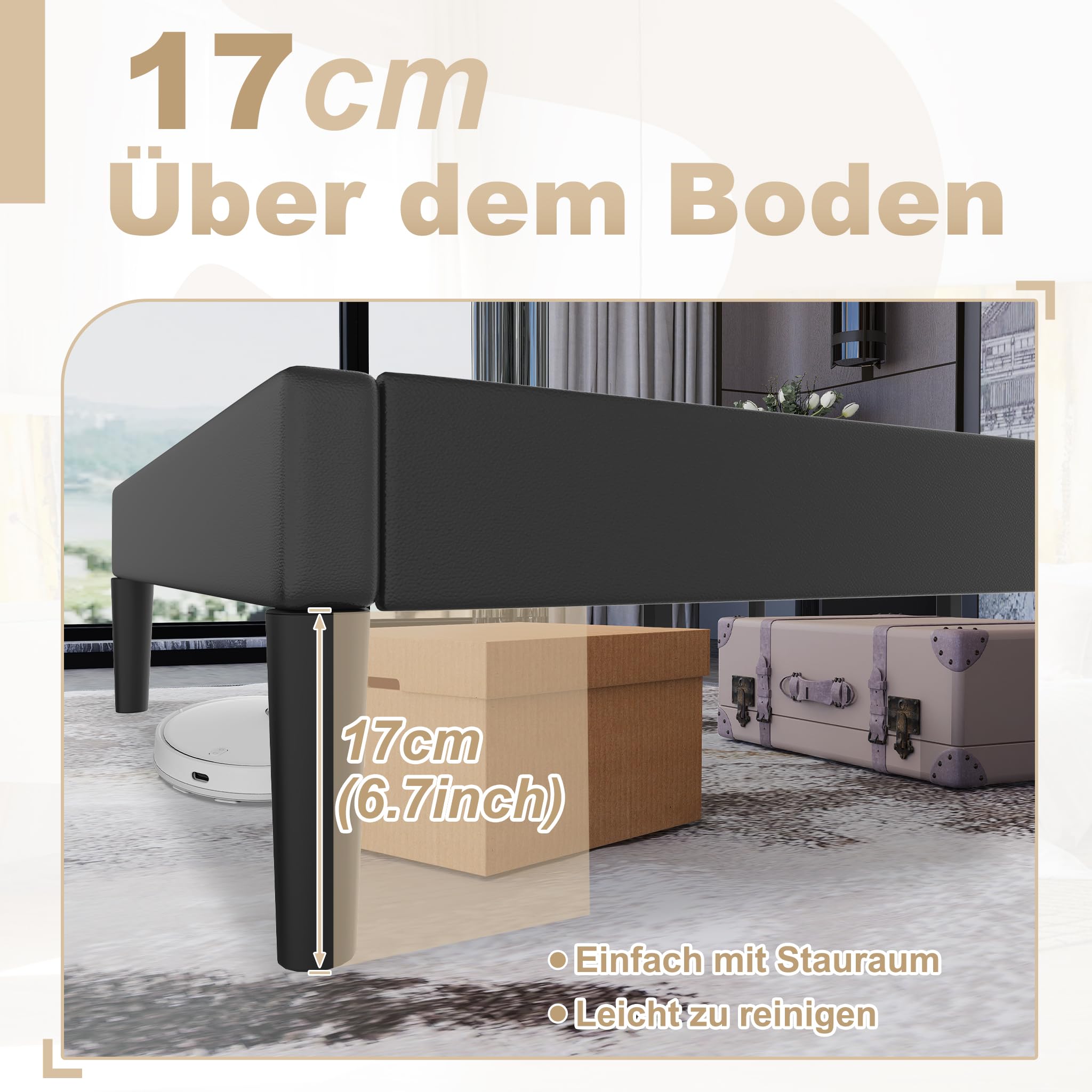 UISEBRT Telaio Letto Matrimoniale In Metallo 140x200 Cm - Letto A Piattaforma Con Testiera Alta, Spazio Contenitore 31 Cm, Portata 500 Kg, Colore Nero - 5