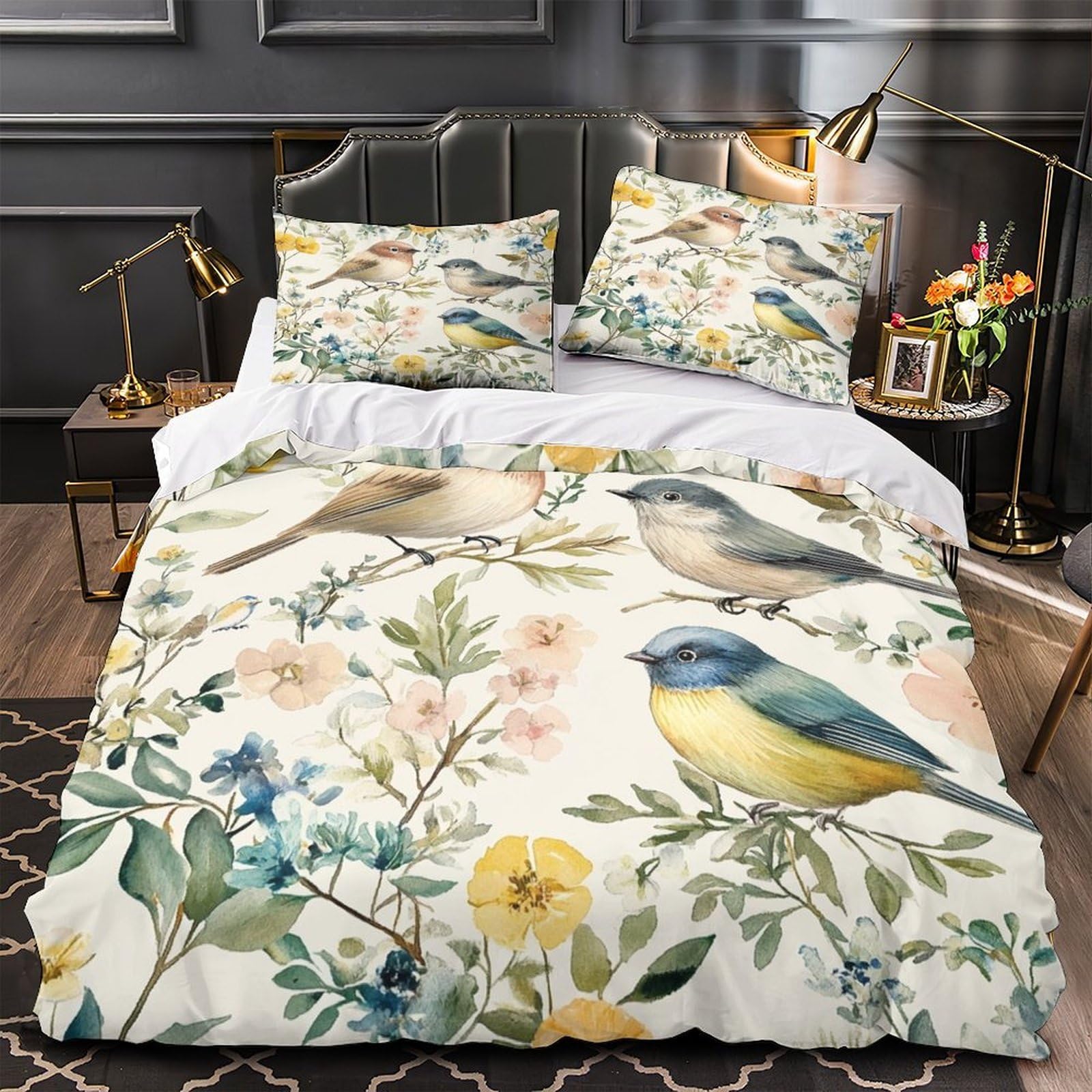 MMDASBVPE Birds in Flowers Quilt Cover 3D Design Printed Super Soft 3 Pcs Bedding Set Zipper Duvet Cover Ultra Soft Durable for Kids Adults Women Teens Youth Boys Super king（260x220cm）