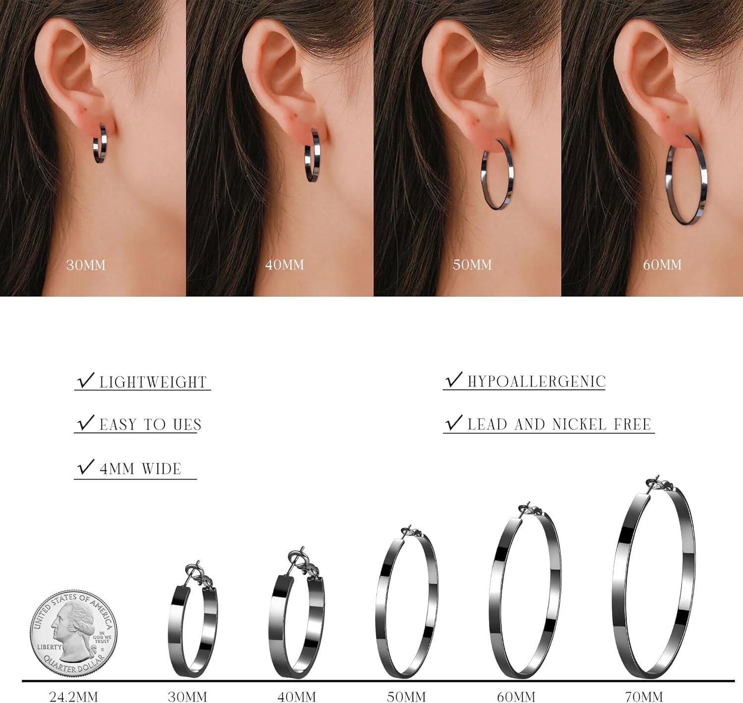 EXGOX Silver Hoop Earrings for Women - Sterling Silver & 14K Gold Plated - Hypoallergenic 925 Silver - Big Hoop Earrings (30/40/50/60/70mm) - Image 6