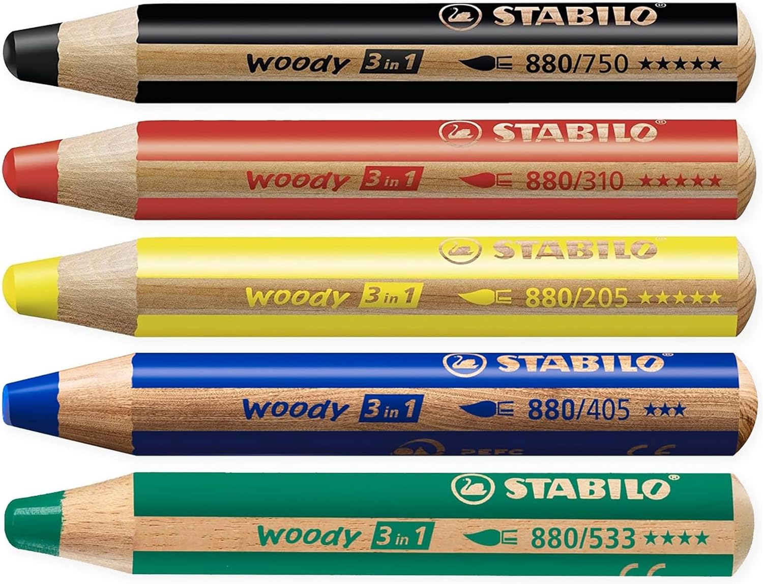 STABILO Multi-talented Pencil woody 3-in-1 - Box of 5 - Red, Yellow, Dark Green, Blue, & Black + Sharpener