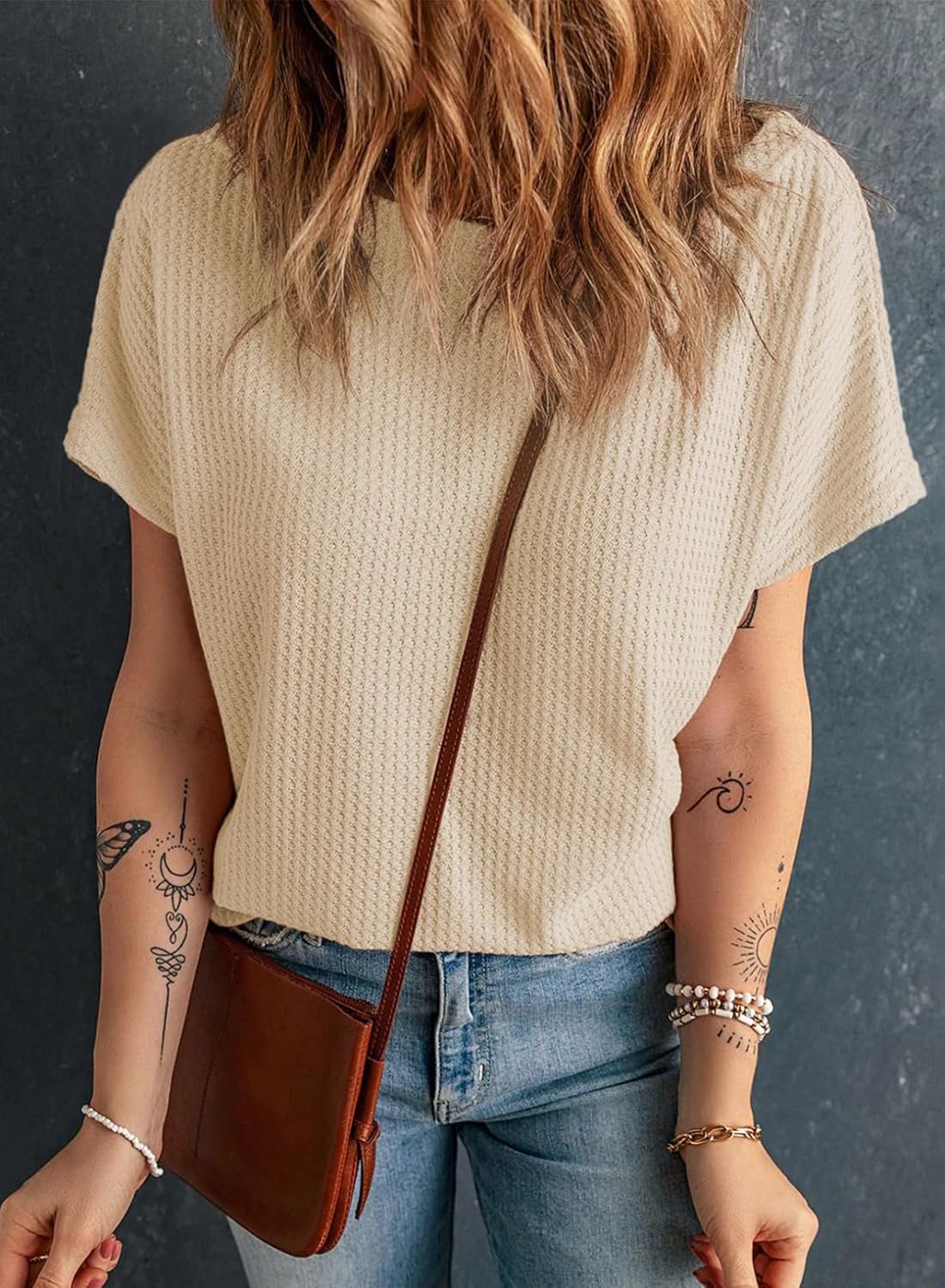 Dokotoo Women's Casual Boat Neck Short Sleeve Waffle Knit Shirts Loose Summer Tunic Tops Blouses - Image 3