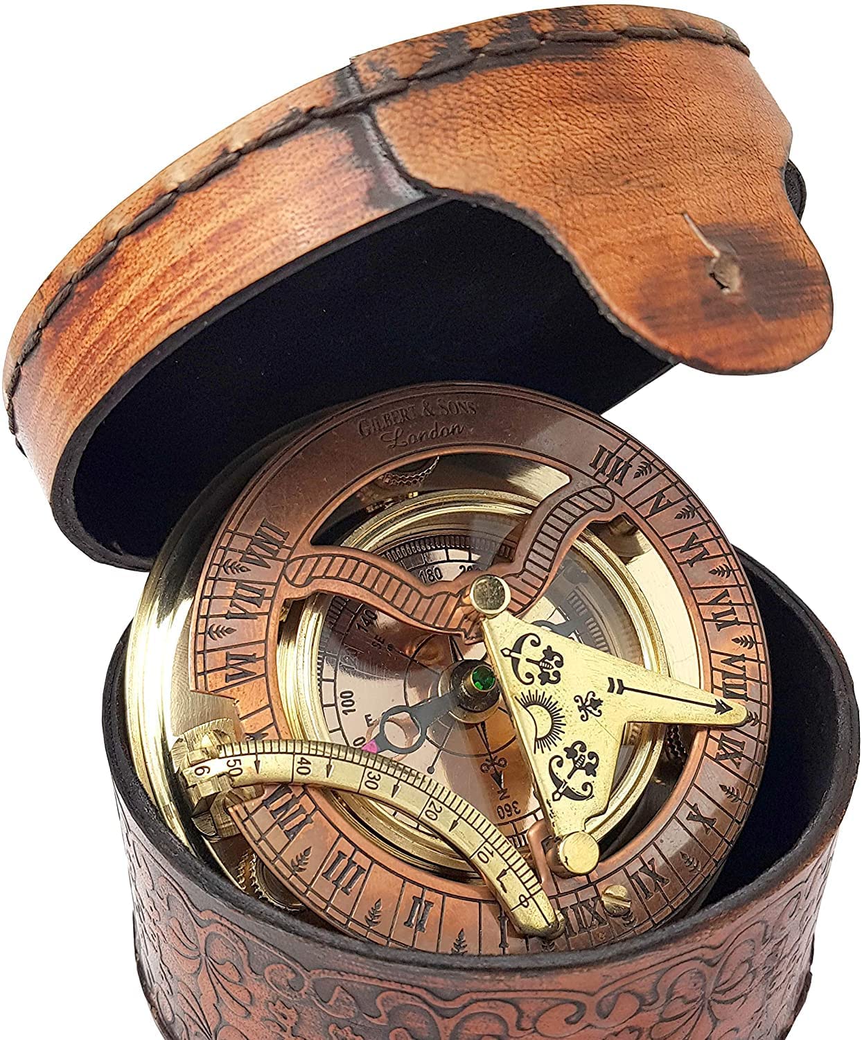 Designer Antique Brass & Copper Sundial Compass, Sundial Clock with Leather Case 1