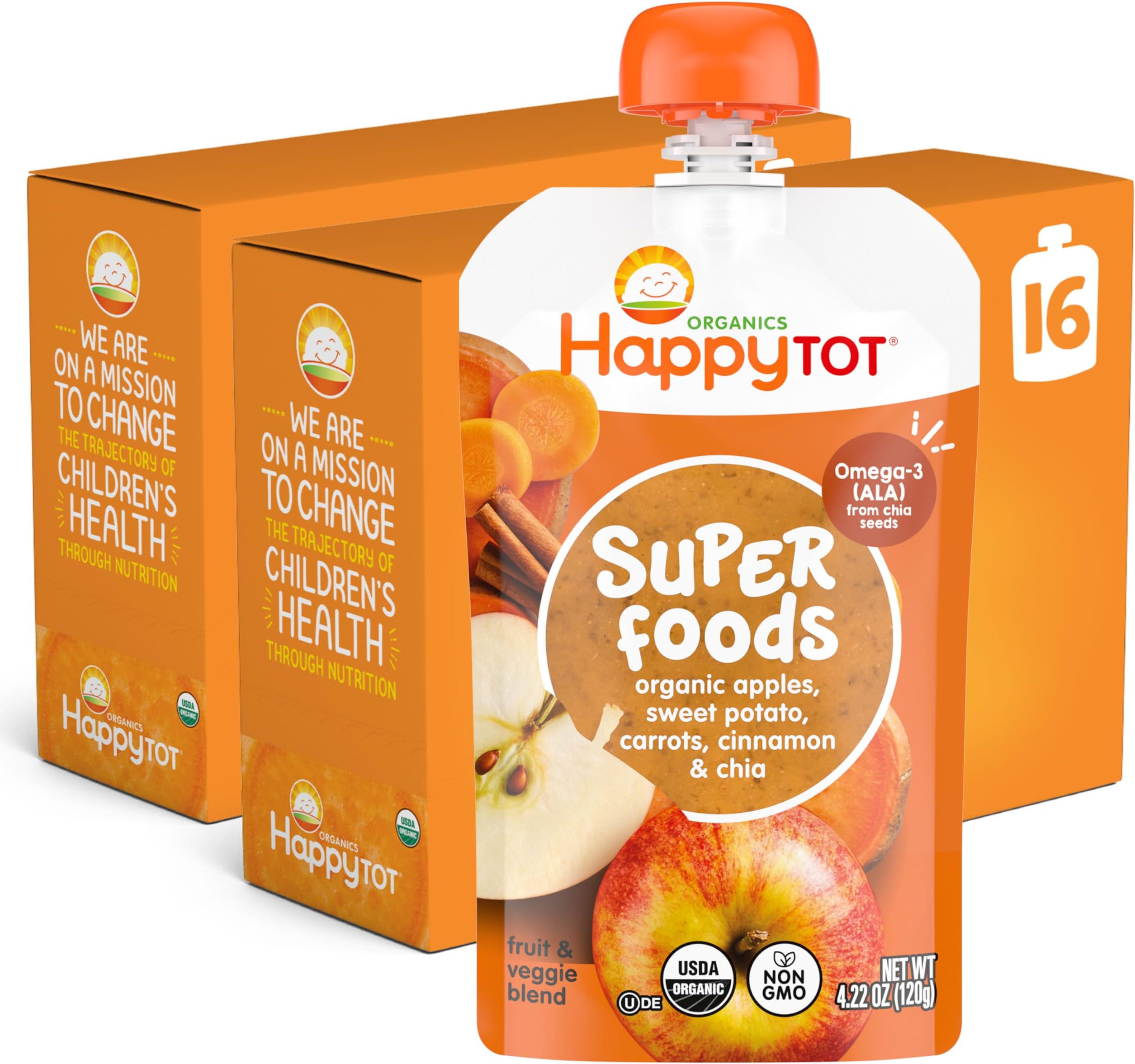 HAPPYTOT Organics Stage 4 Baby Food Pouches, Gluten Free, Vegan Snack, SuperFoods Fruit & Veggie Puree, Apples, Sweet Potatoes, Carrots, Cinnamon & Chia, 4.22 Ounce (Pack of 16)