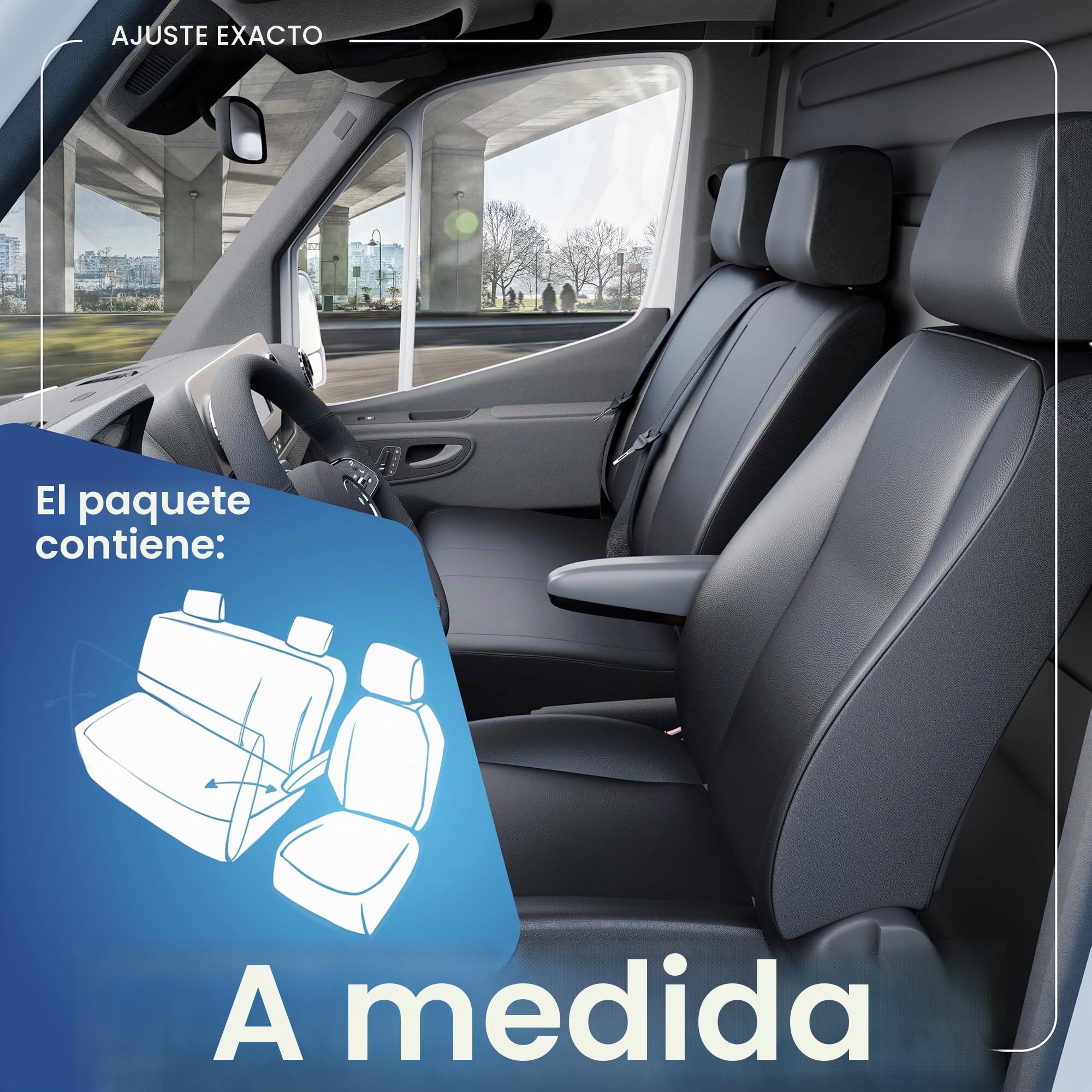 WALSER Fundas de asientos de coche Transporter en imitación de cuero compatible con VW Crafter, Mercedes Sprinter, 1 asiento individual delante (apoyabrazos) y banqueta doble plegable delante