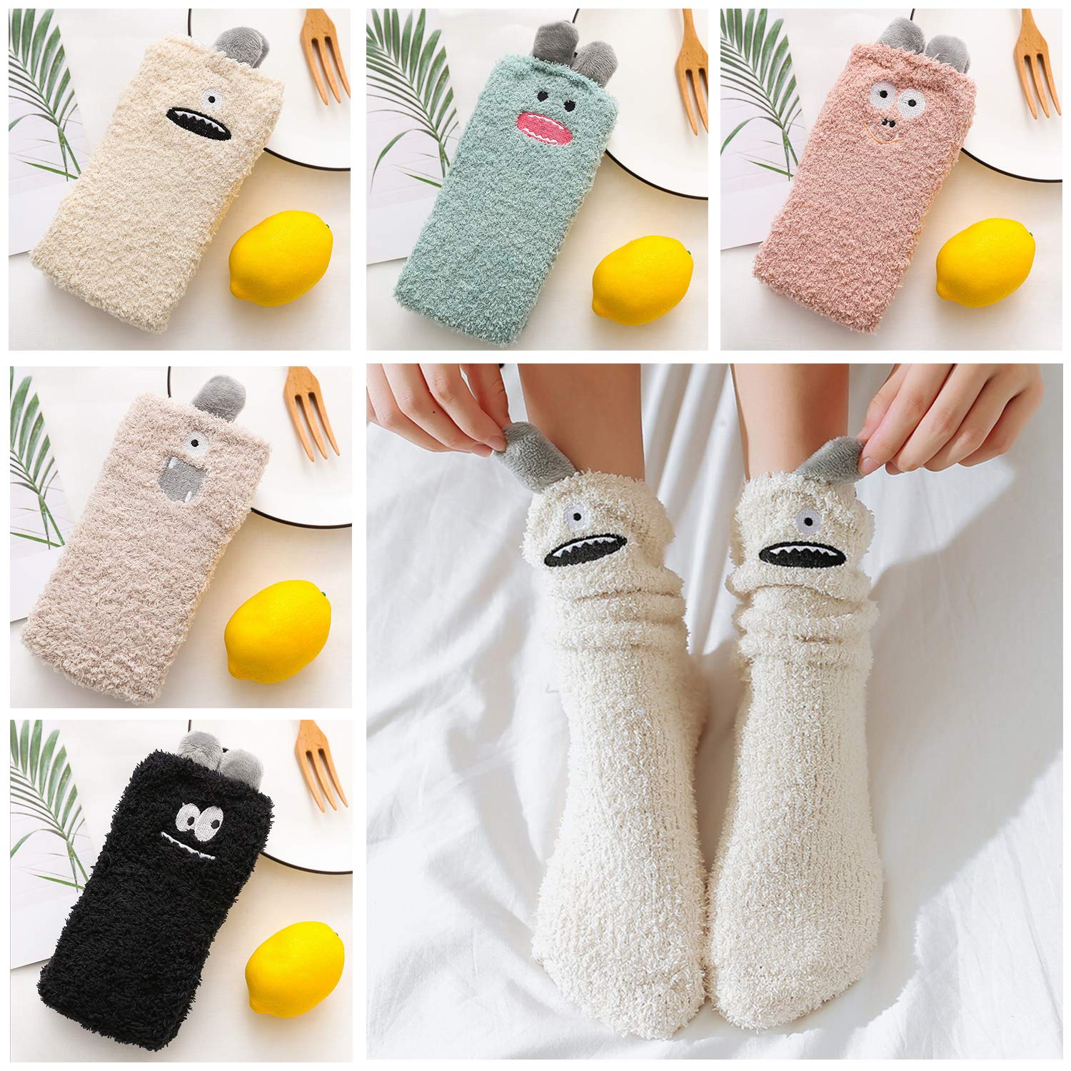 Lot de 5 paires de chaussettes femme, motif cartoon mignon, chaussettes mi-mollet épaissies en peluche, chaussettes chaussons pour la maison