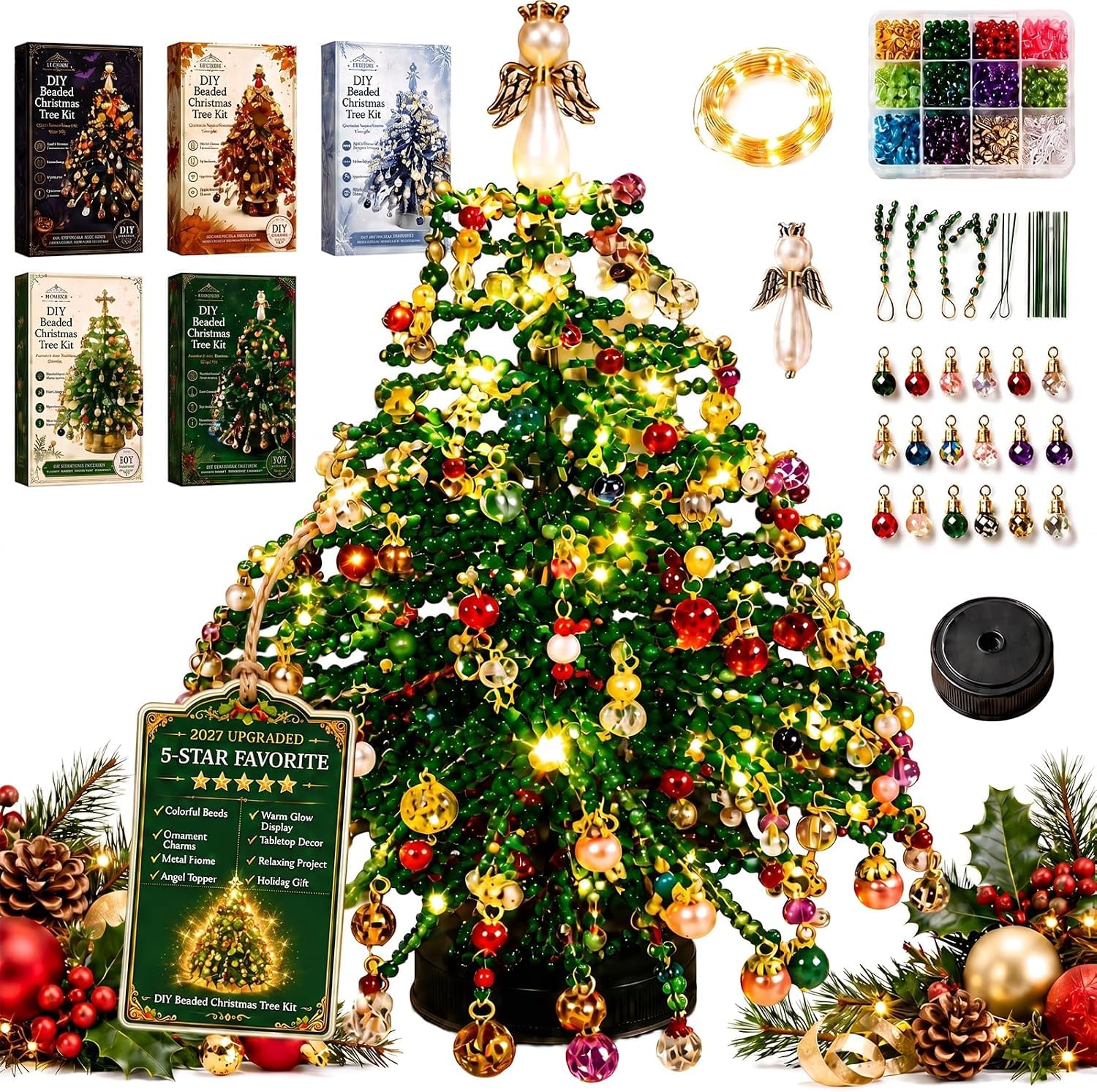 DIY Beaded Christmas Tree Kit, 3D Crystal-Style Lighted Tabletop Decor with Warm Light String, Pearl-Like Accents & Layered Metal Frame, Holiday Craft Set for Adults