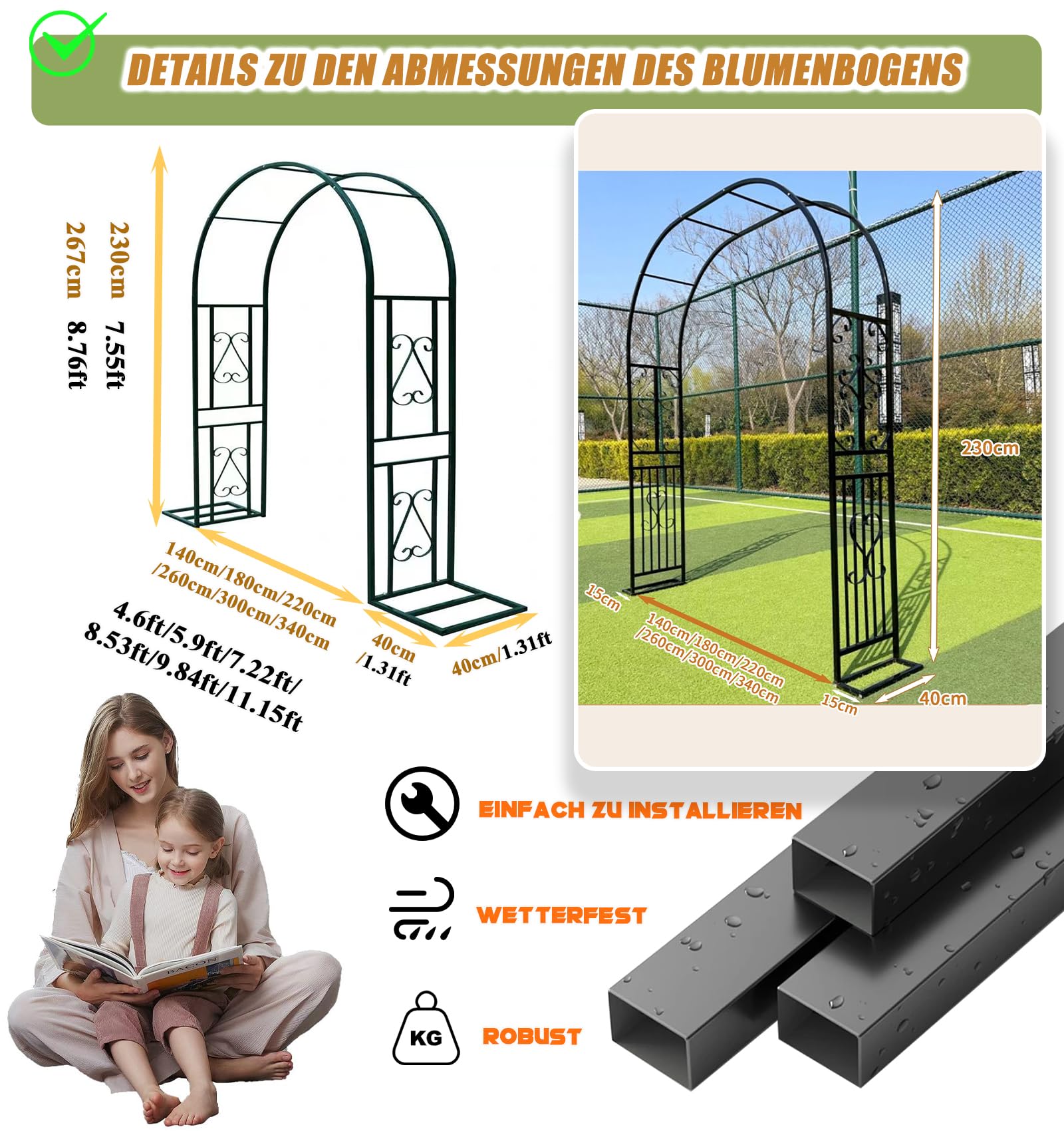 Rosenbogen,Gartenbogen aus Metall,Nützlich Bei Hochzeiten Und Vor Ihrer Haustür，Hochzeitsbogen，Gartentorbogen-L180xW40xH230cm-Weiß-B