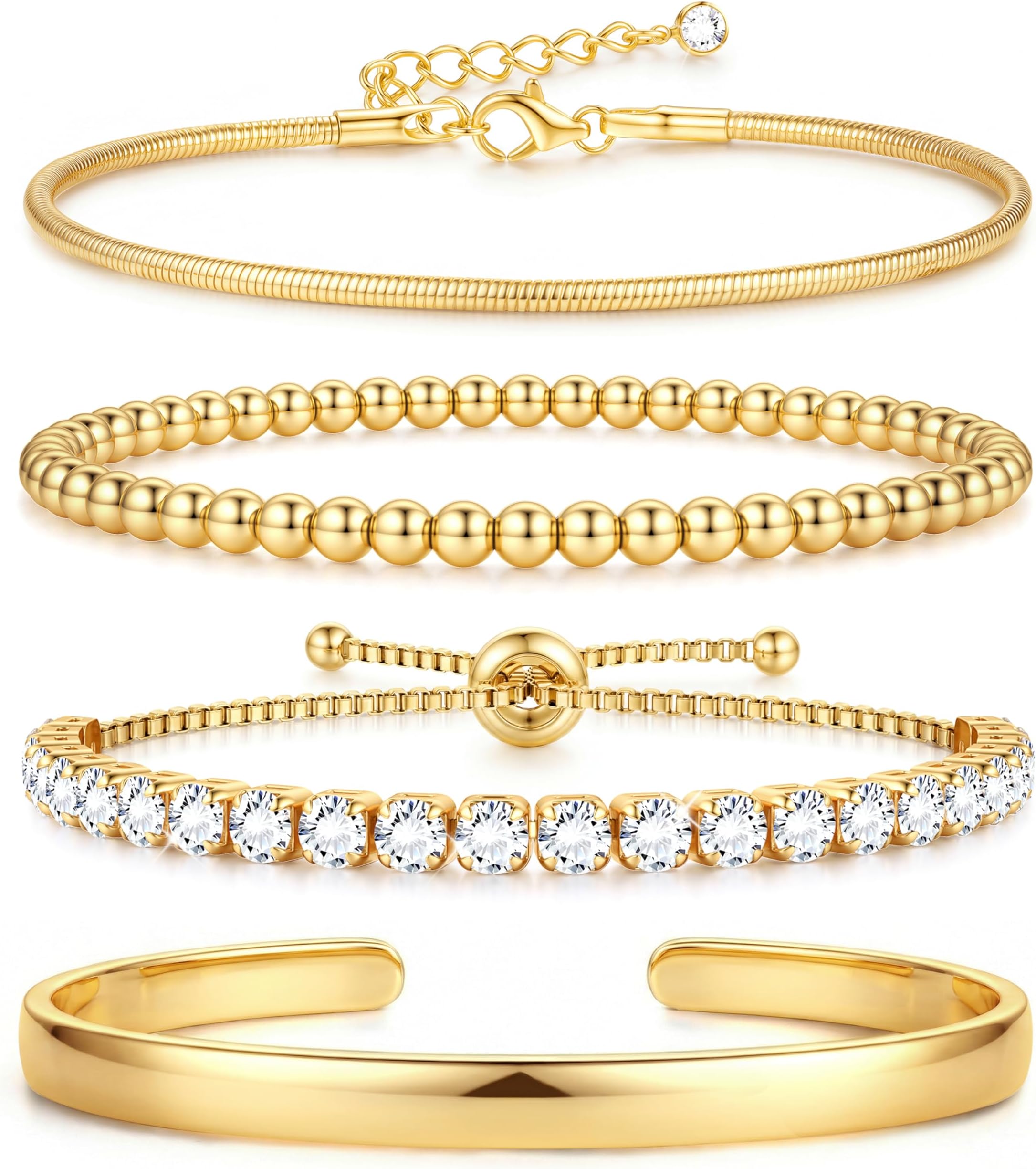 – 4 Pcs Non Tarnish Gold Bangle Bracelet for Women Girls, 14K Gold Plated Waterproof Tennis Bead Gold Cuff Bracelet Stack Dainty Silver Chain Bracelet Set Adjustable Ladies Jewellery Gift