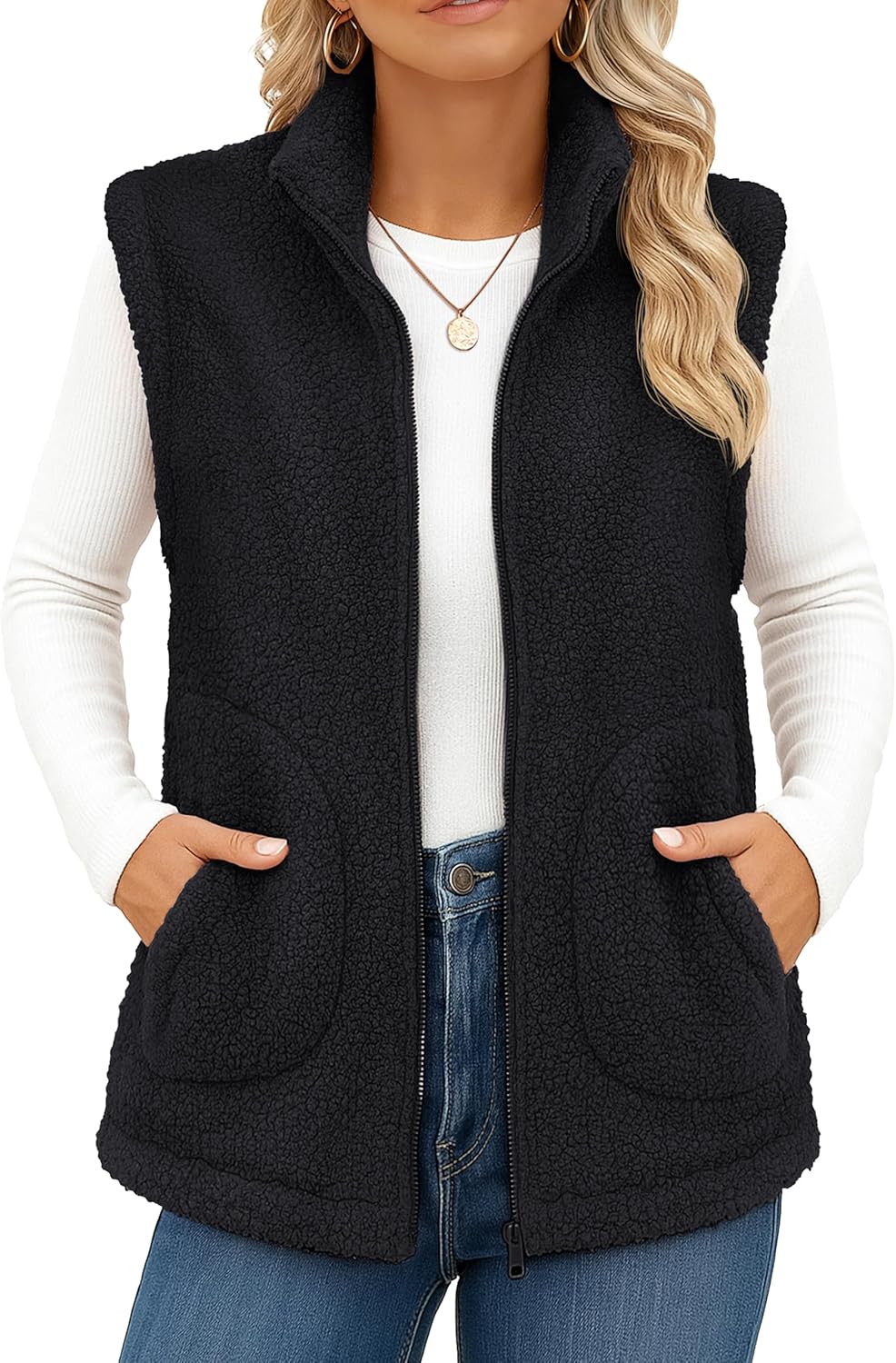 YUCOLEN Sherpa Fleece Vest for Women Sleeveless Lightweight Zip Up Outerwear Winter Warm Vest Jacket with Pockets
