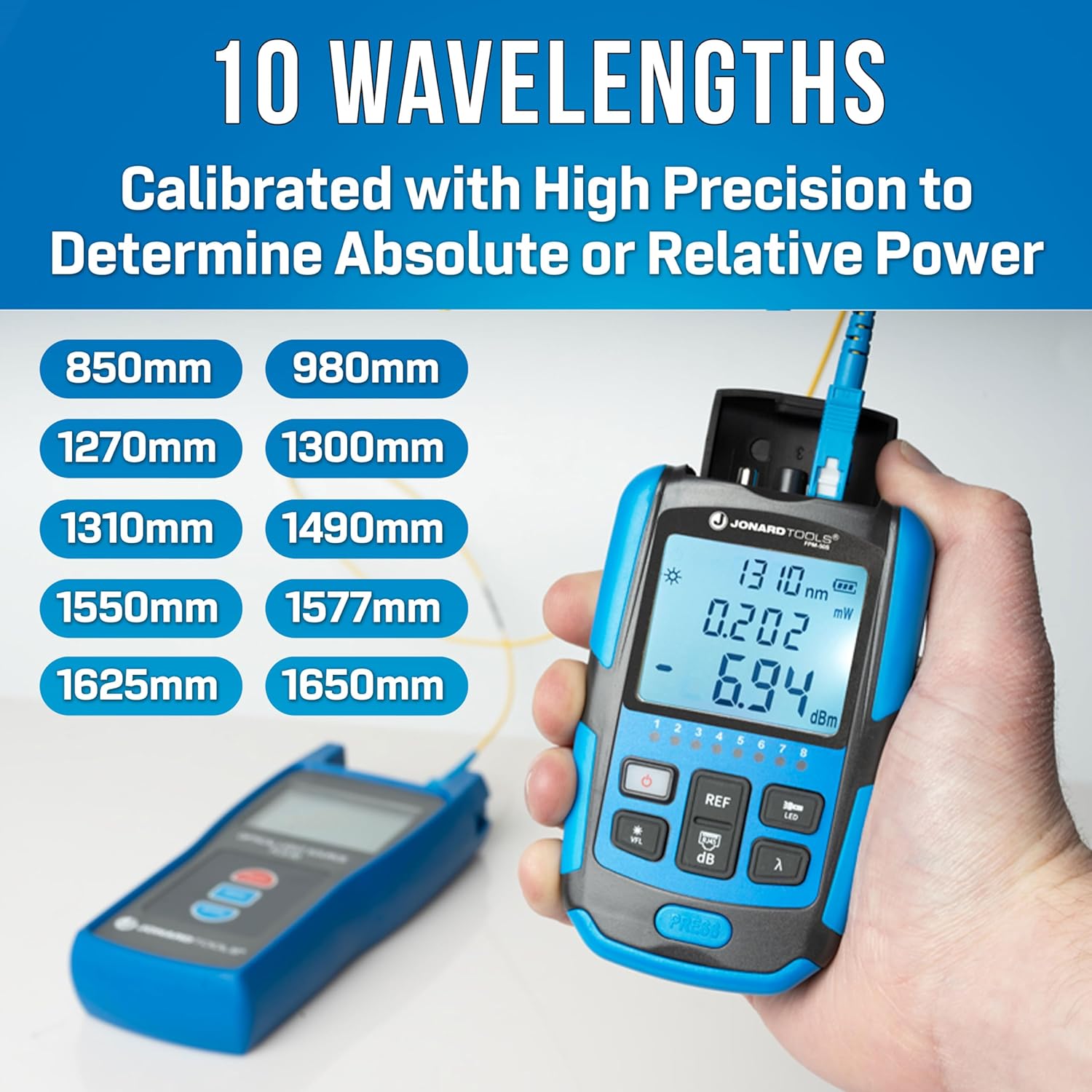 Jonard Tools FPM-50S Mini Optical Power Meter - 3-in-1 Tool, OPM (-50 to +26dBm), VFL, RJ45 Network Tester, 800-1650nm Range, FC & LC Adapters