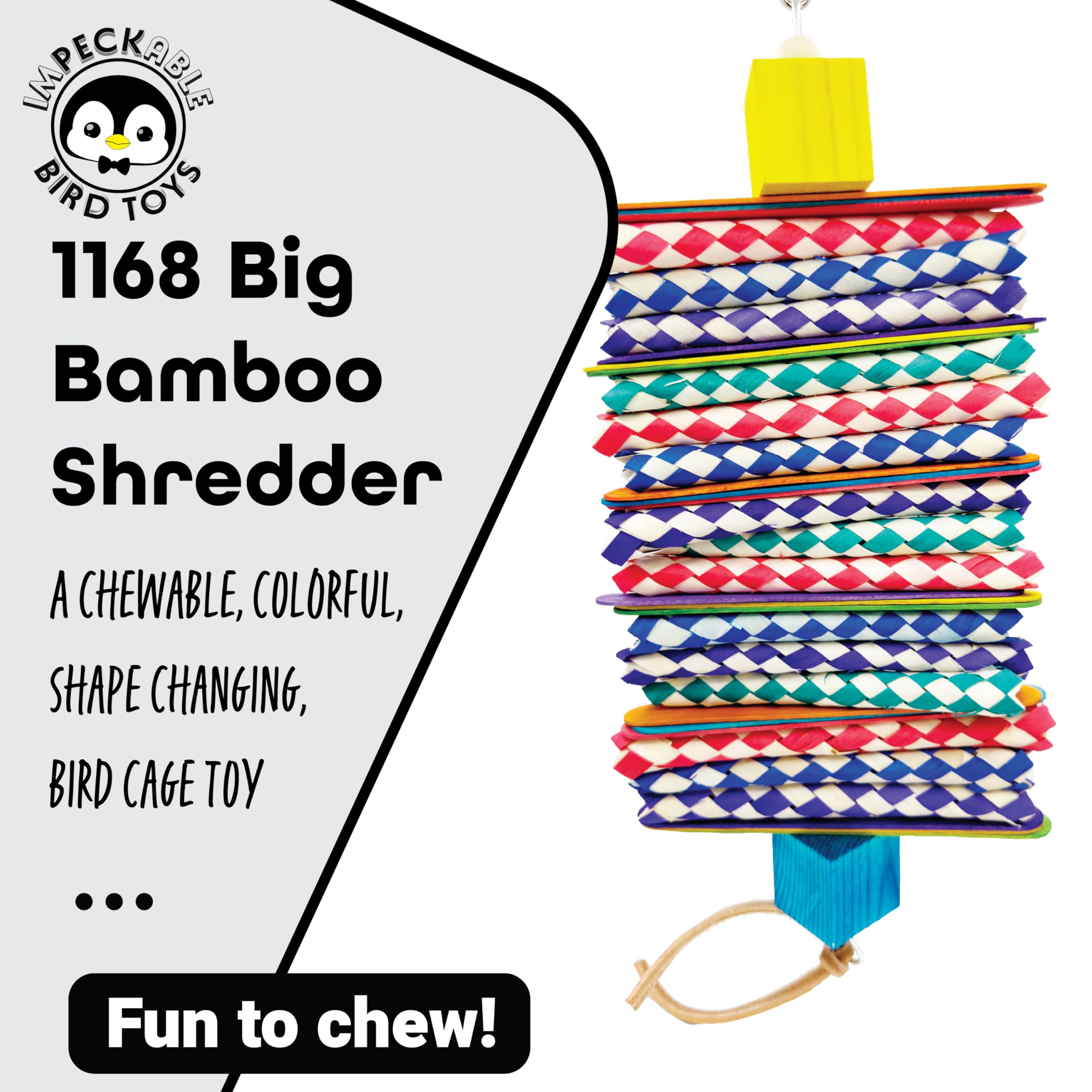 1168 Big Bamboo Shredder Bird Toy with Finger Traps, Wooden Slats, and Leather – Handcrafted by Impeckable Bird Toys – Great for Cockatoos, Macaws, Conures, and Large Parrots