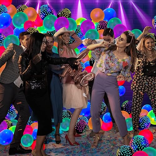 Miniatura 4 de Paquete de 109 globos de neón UV, iluminados, brillan en la oscuridad, reactivos a la luz negra, globos de látex fluorescentes de lunares,