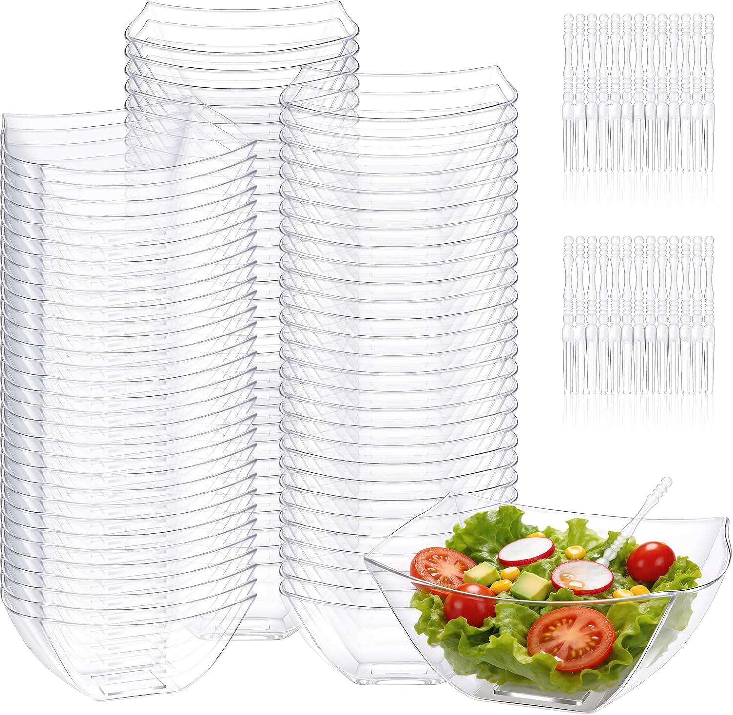 mwellewm 25 Pcs Plastic Serving Bowls for Party Buffet 8oz Small Disposable Salad Bowls Clear Candy Containers Square Fruit Bowls with 30 Pcs Picks for Table Bar Wedding Birthday