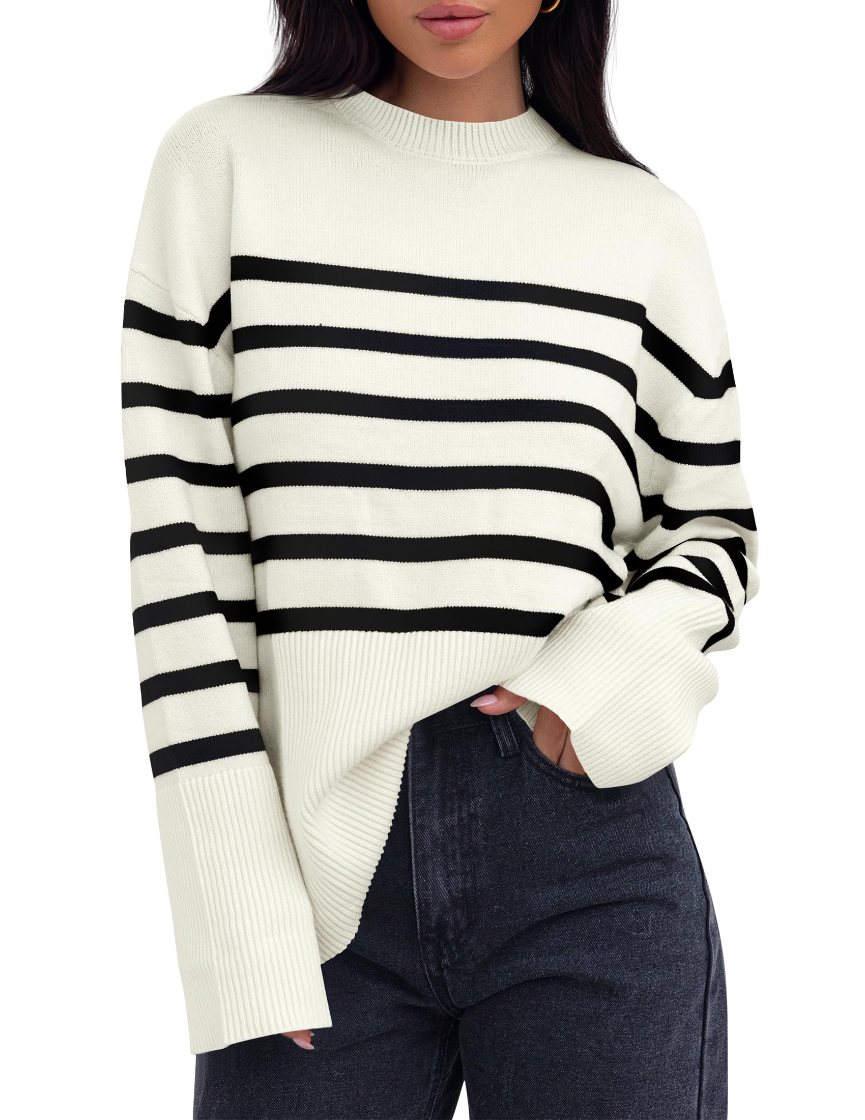 ZESICA Womens 2026 Fall Winter Striped Long Sleeve Crew Neck Ribbed Knit Side Slit Oversized Pullover Sweater Jumper