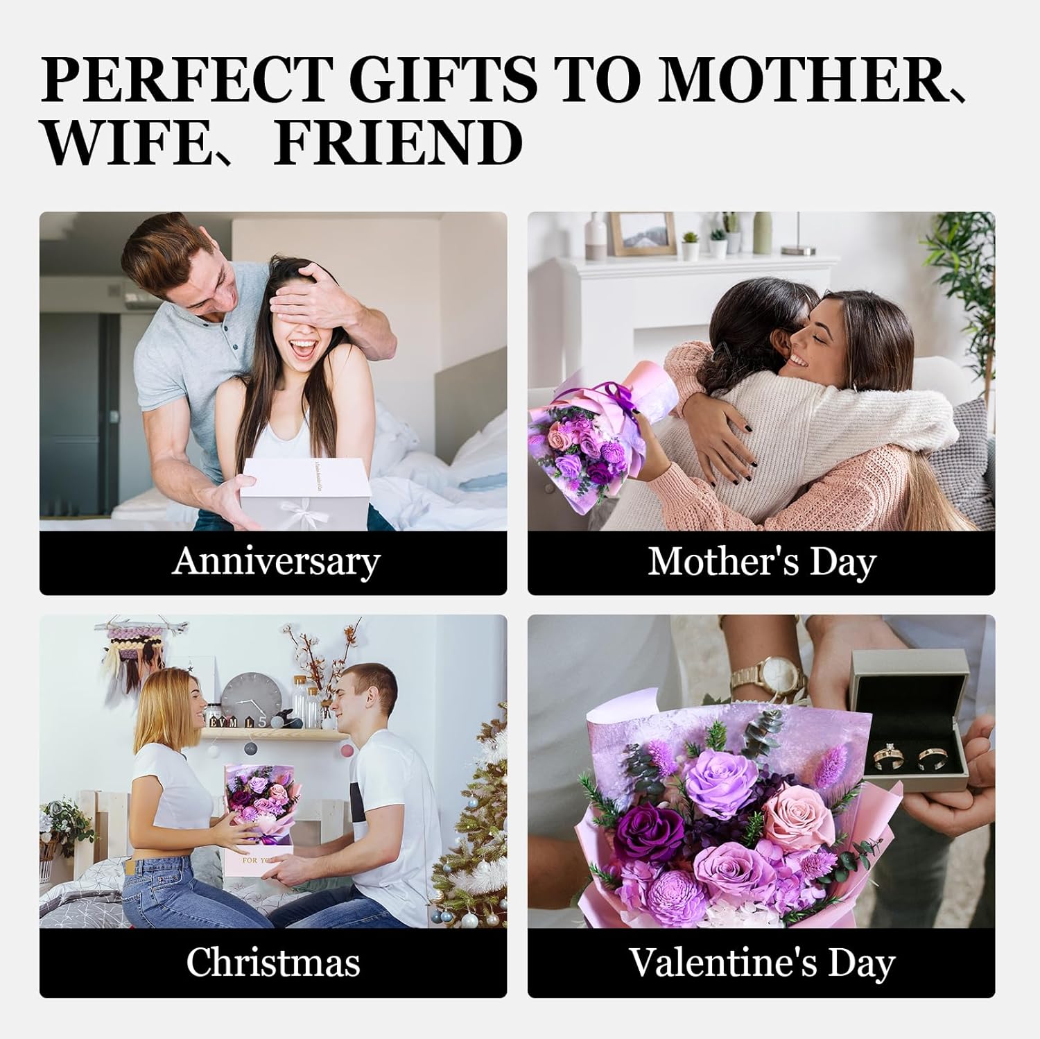 Oerdoh Flowers for Delivery Prime, Preserved Flowers, 5 Forever Purple Roses, Long-Lasting Flower Bouquet with Gift Box, Happy Birthday Flowers Gifts for Women Mom Grandma Wife Friends