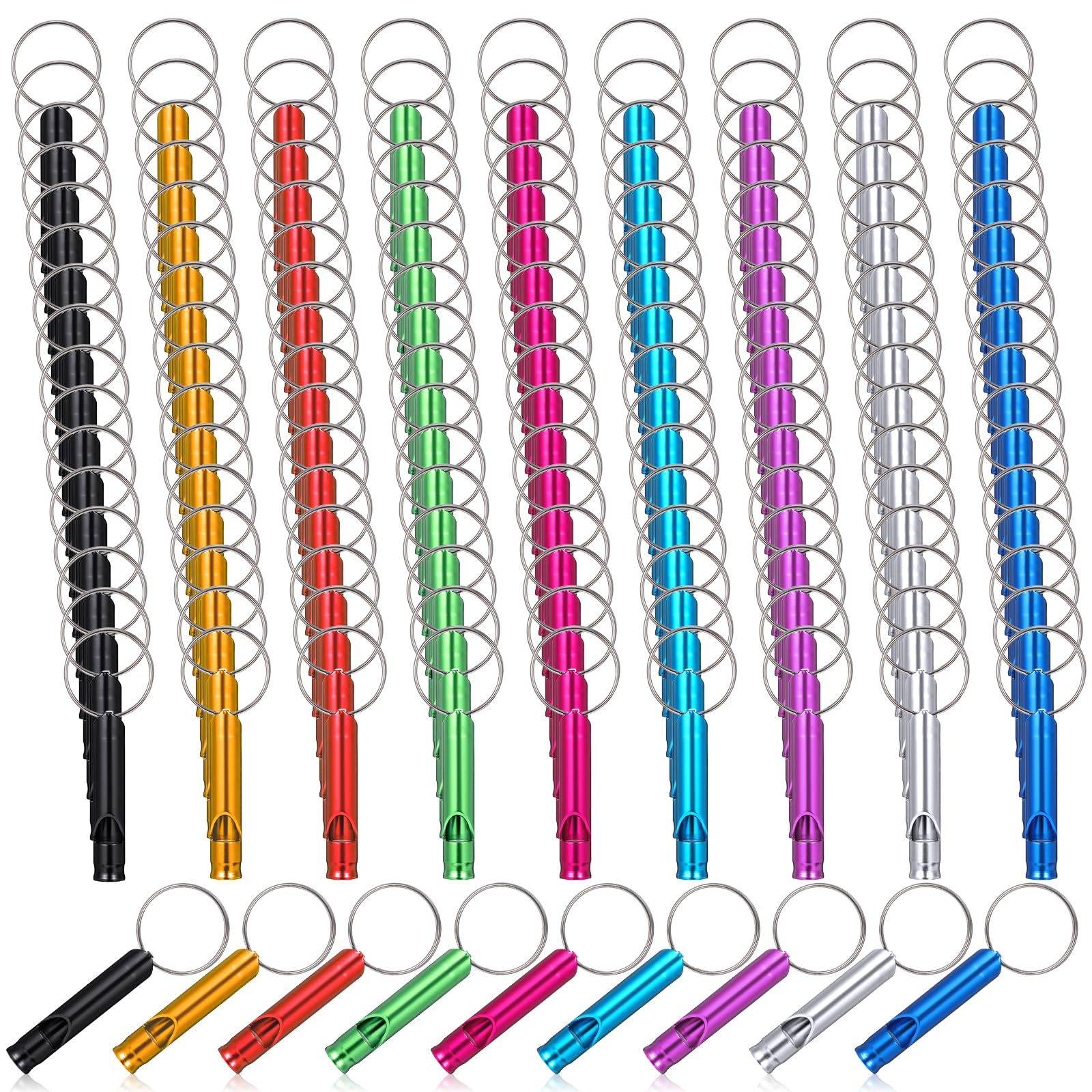 Tolare 150 Pieces Aluminum Emergency Whistle with Keychain, Whistles for Adults Emergency, 9 Colors Hiking Whistle, Survival Whistles, for Camping, Hiking, Boating, Hunting, Fishing