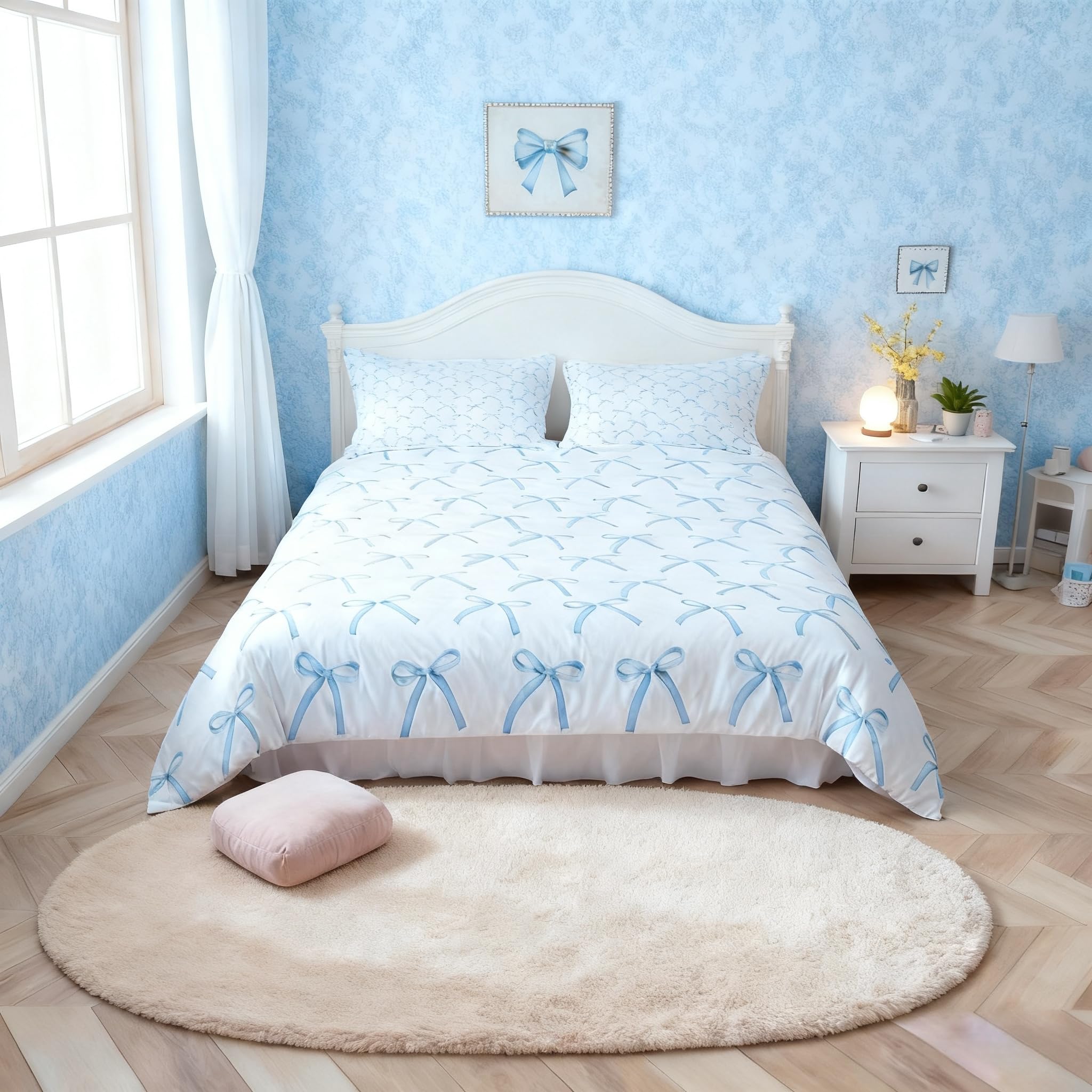 Cartoon Bowknot Kids Duvet Cover Set Double Size,Bow Tie Knot Geometric Patchwork Fashion Bedding Set,Girls Women Room Decor,Hand-painted Sketch Blue Noble Quilt Cover,2 Pillowcases(No Comforter)