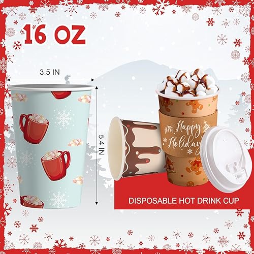 Miniatura 2 de 36 juegos108 tazas de papel de Navidad de 16 onzas desechables para café con tapas y mangas, tazas de café de cacao caliente de Navidad para bebidas
