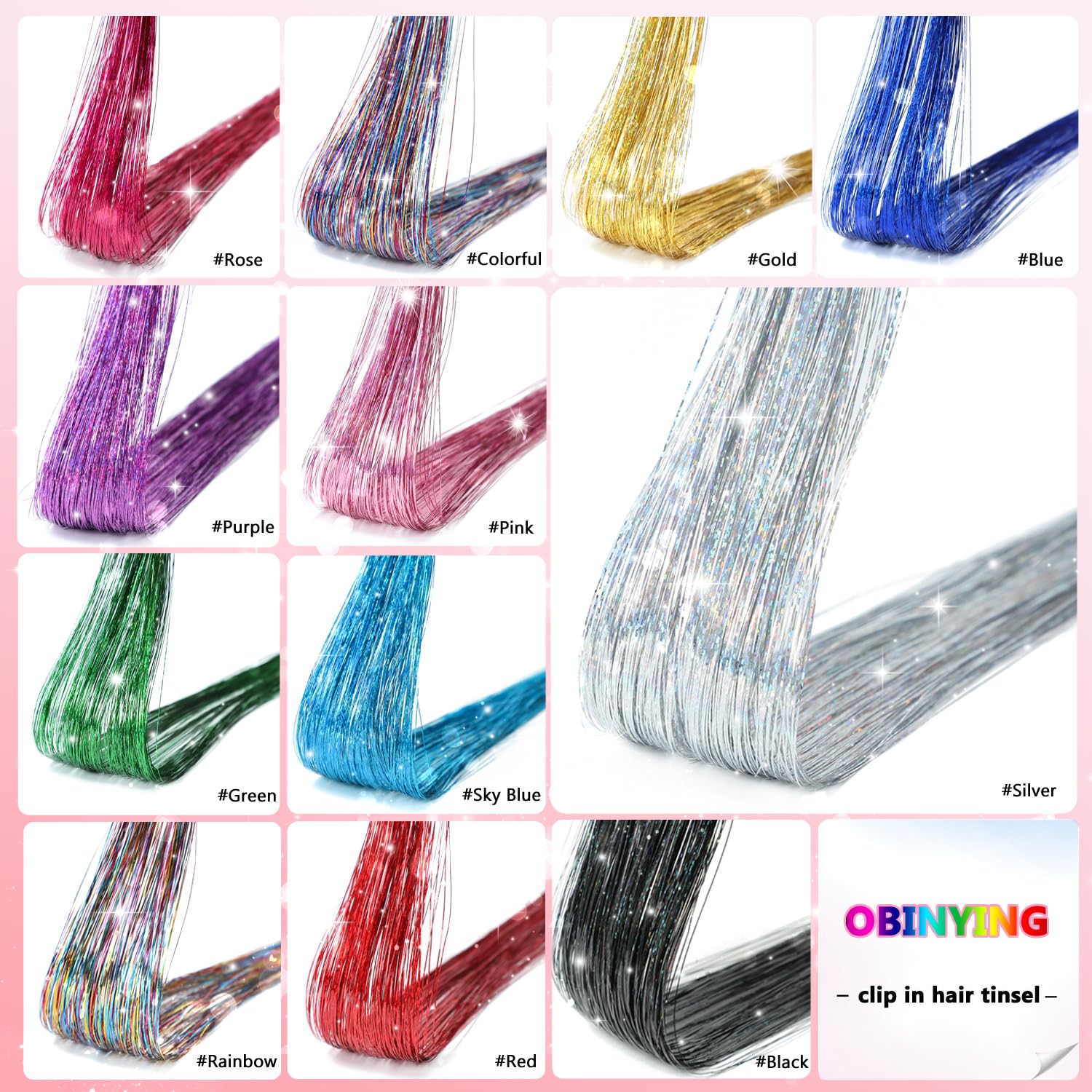 Paquete de 18 extensiones de cabello de oropel con clip de oropel con purpurina de 20.5 pulgadas, kit de oropel para fiesta, festival, accesorios para el cabello de hada para niñas, mujeres y 7
