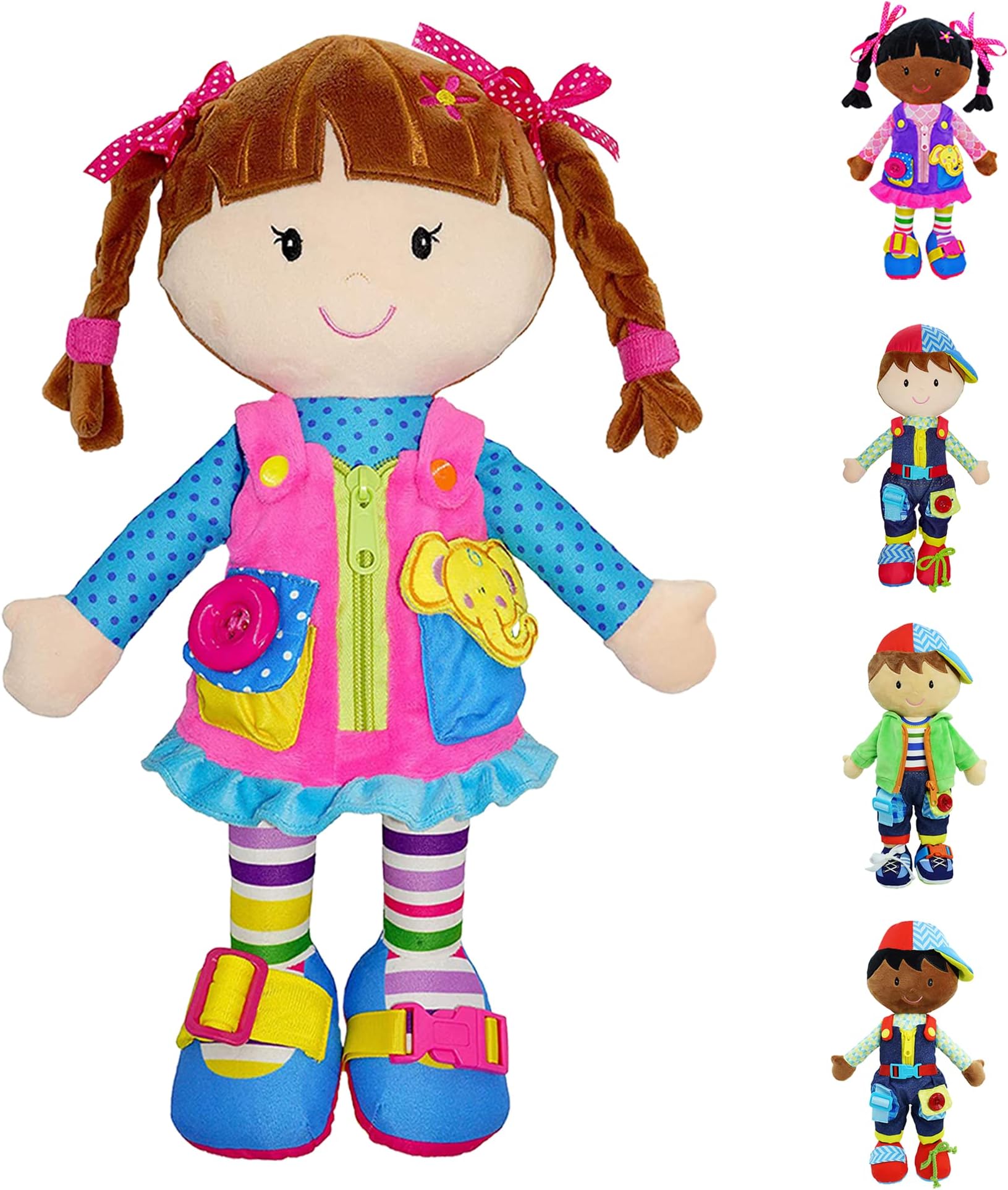 June Garden 15.5" Dressy Friends Belle - Educational Stuffed Plush Doll for Kids and Toddlers 2 Years and Up - Montessori Buckle Soft Toy