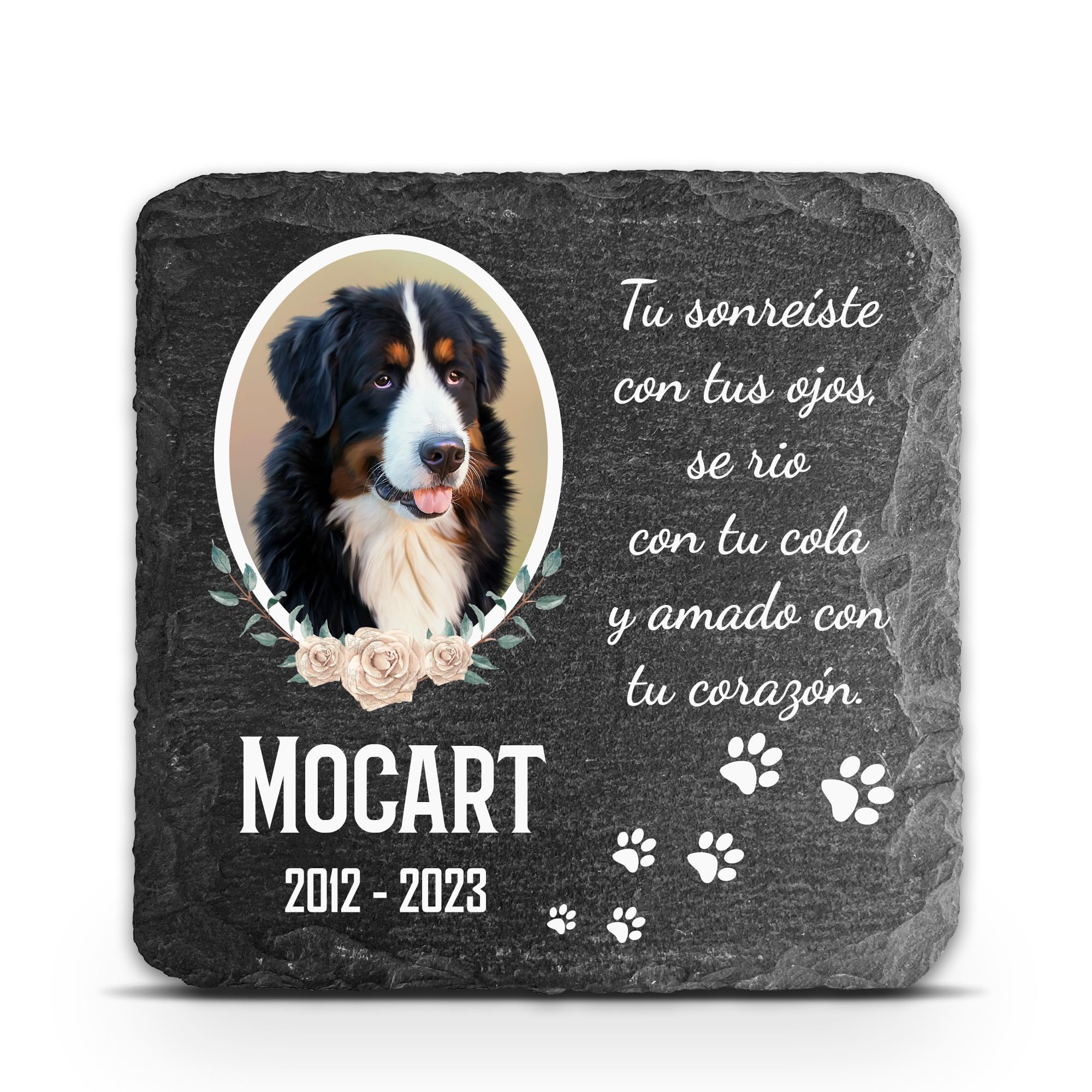 Placa Conmemorativa Cuadrada Gris Oscuro Personalizada para Mascota Gato Perro Pizarra Marcador de Tumba - Tamaño 100 x 100 mm - Marco Floral Foto