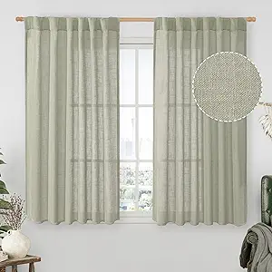 LAMIT Sage Grey Semi Sheer Linen Curtains 45 Inches Long 2 Panels, Light Filtering Panels Back Tab and Rod Pocket Neutral Drapes for Kitchen/Window/Bedroom, 52 x 45 Inch