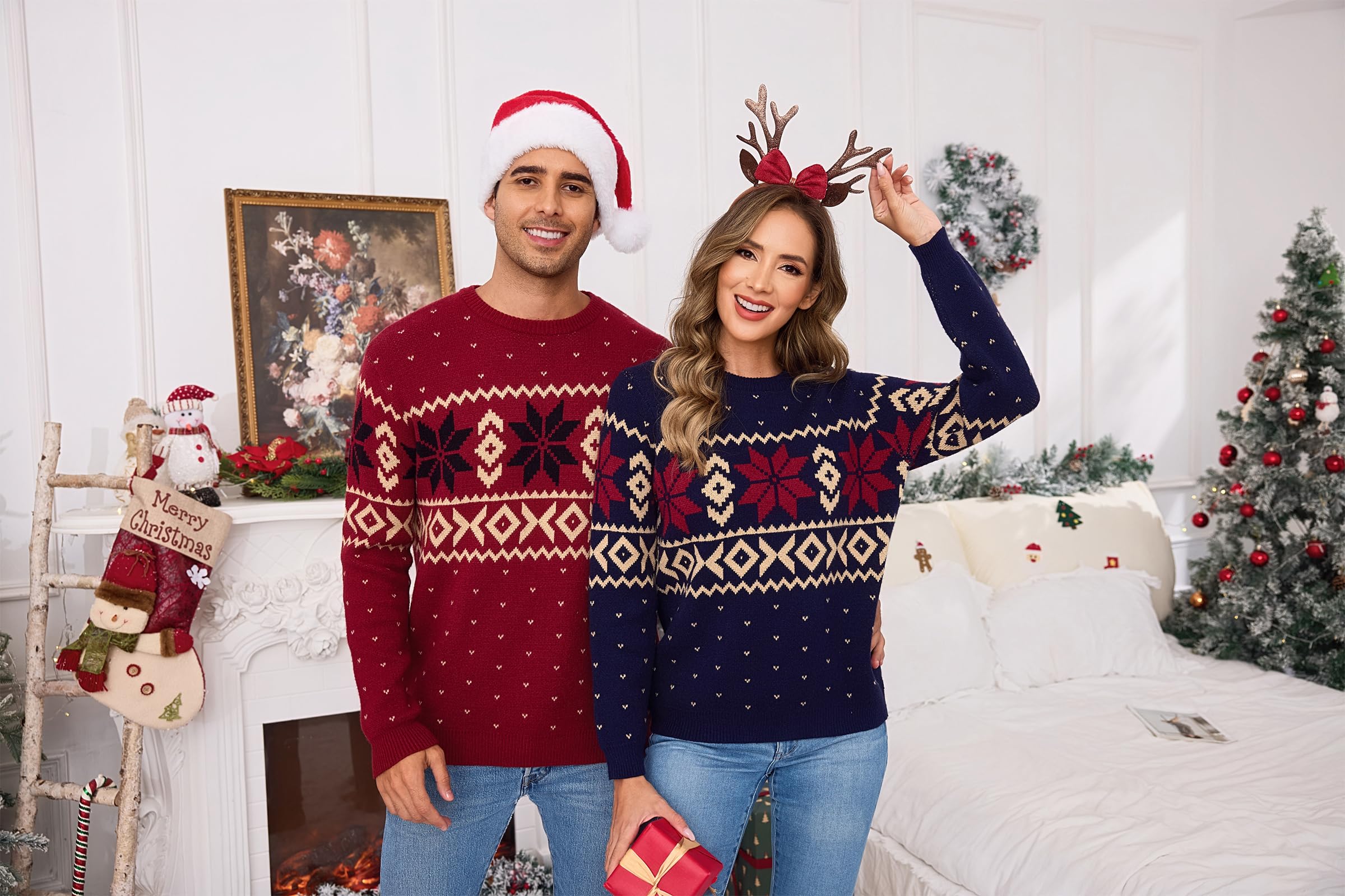 Terecey Jersey Navideño Mujer Gracioso Cálido Invierno Suéter Navideño con Estampado con Santa Claus y Copos de Nieve Ropa Navidad Merry Christmas 2025