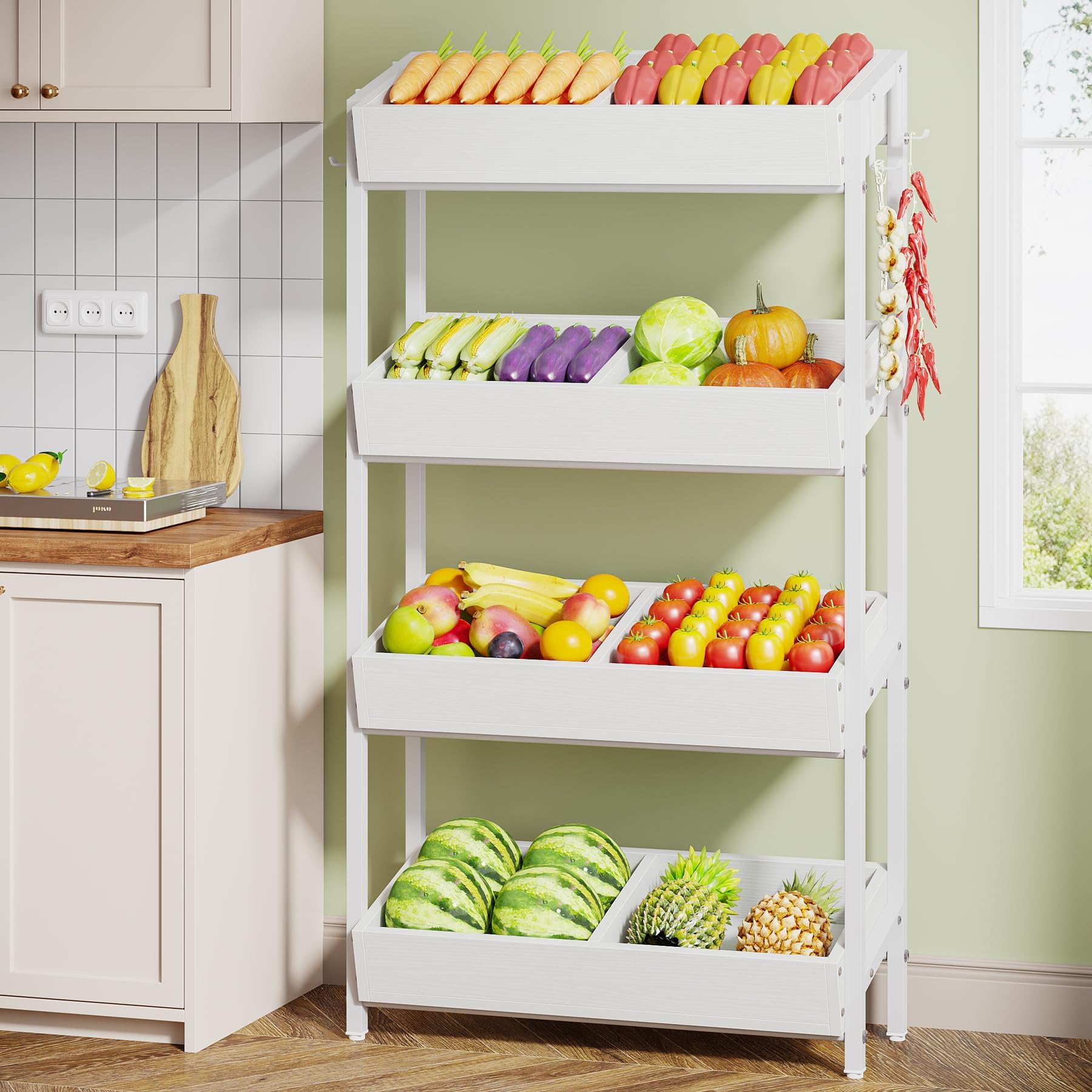 Tribesigns Wood Fruit and Vegetable Basket Stand Rack for Kitchen, Office, Store, Supremarket, Pantry Shelf Unit for Snacks, 4-Tier Wooden Utility Storage Shelves (White)