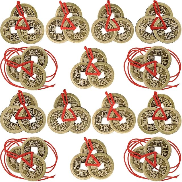 Risegun Chinese Fortune Coins, Feng Shui Coins I-Ching Coins Chinese Coins Lucky Coins Feng Shui Ching Coins Traditional Coins with Red String for Wealth and Success,5 Style(20)