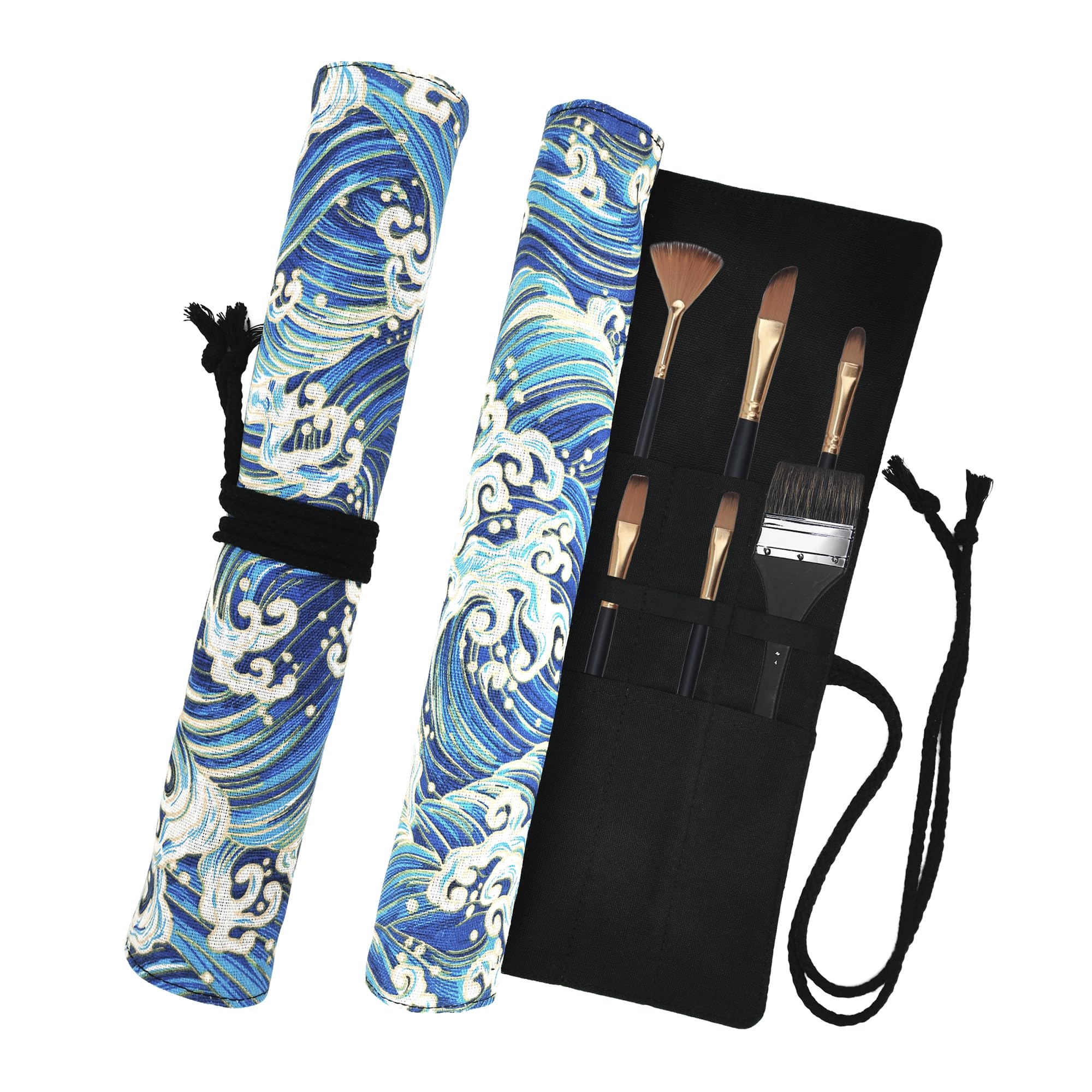 Funny live Paint Brush Holder Art Supplies, Artist Brush Holder &amp; Art Supply Storage Organizer Roll-Up Case Bag, Protect Acrylic Oil Watercolor Paintbrushes (Blue Sea Wave-20 Slot Pockets)