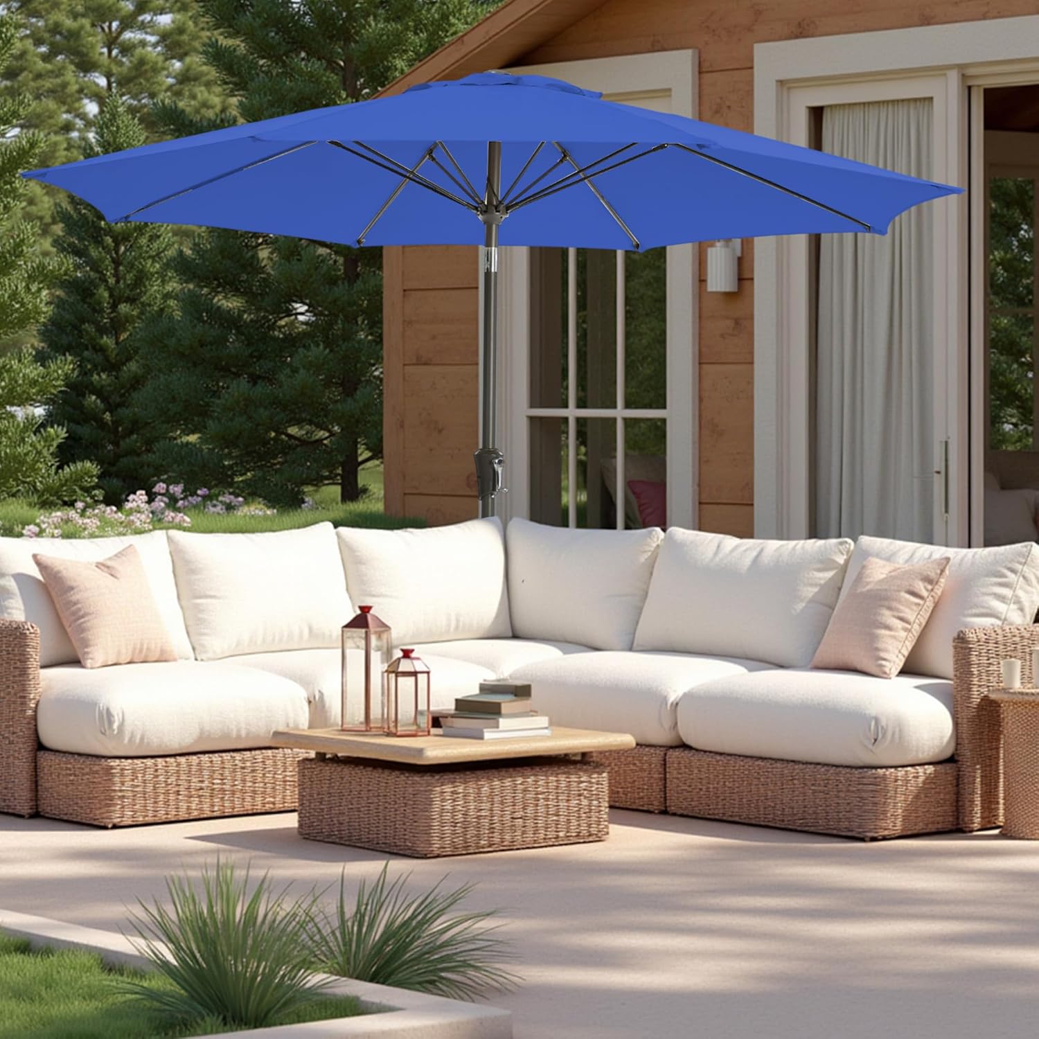 9FT Large Outdoor Patio Umbrella Pool Market Umbrella-UV Resistant, Easy Push Button Tilt and Crank, 8 Sturdy Ribs Heavy-Duty Table Umbrella for Deck, Backyard, Garden (Royal Blue)