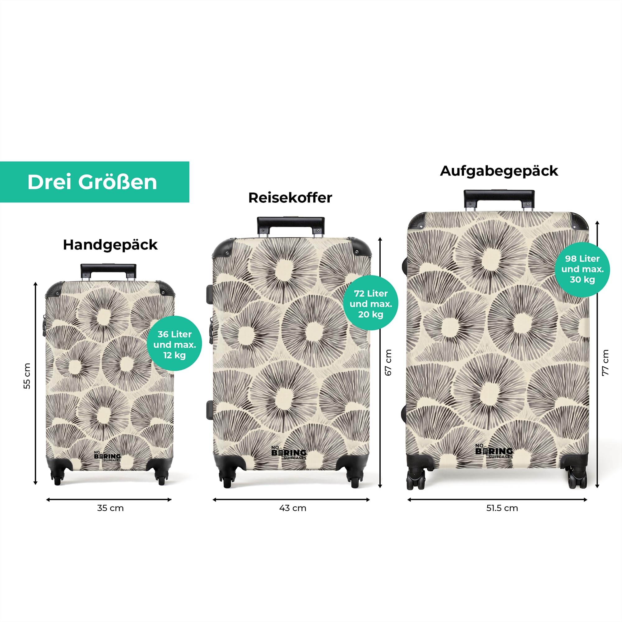 NoBoringSuitcases.com® Koffer Mittelgroß 67x43x25 cm Hartschalenkoffer L Trolley Rollkoffer 4 Rollen Leicht Hartschale Mittel Groß Kreise - Muster - Schwarz
