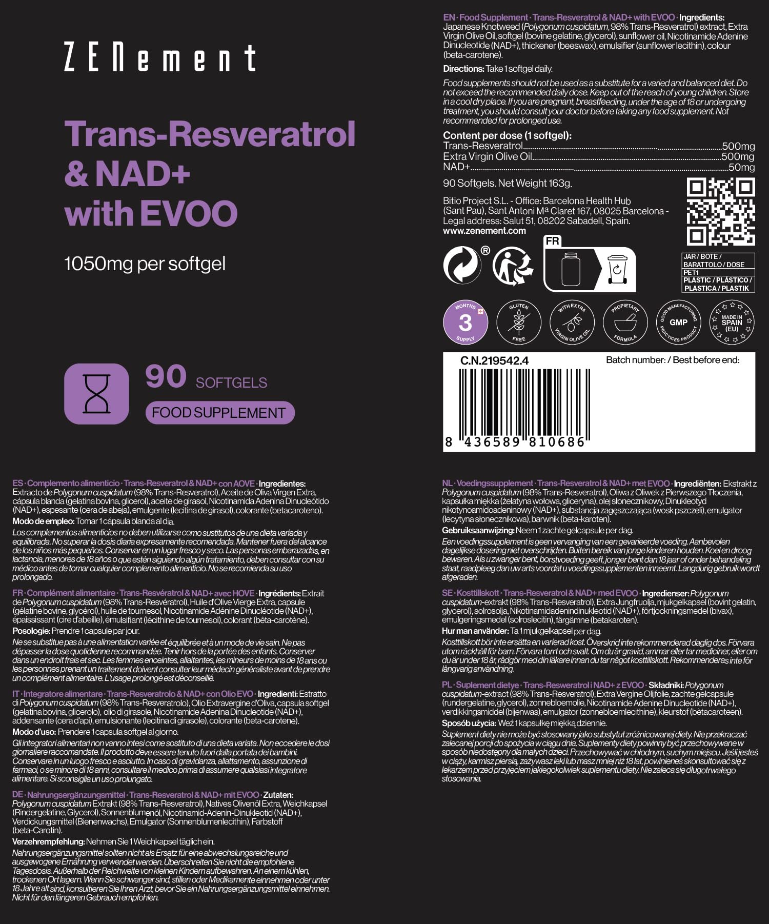 Trans-Resveratrol & NAD+ con Aceite de Oliva Virgen Extra, 1055mg por Cápsula Blanda - Alta Absorción y Fórmula Sinérgica - 90 Cápsulas para 3 Meses, Antiedad y Activador de Sirtuinas - Zenement