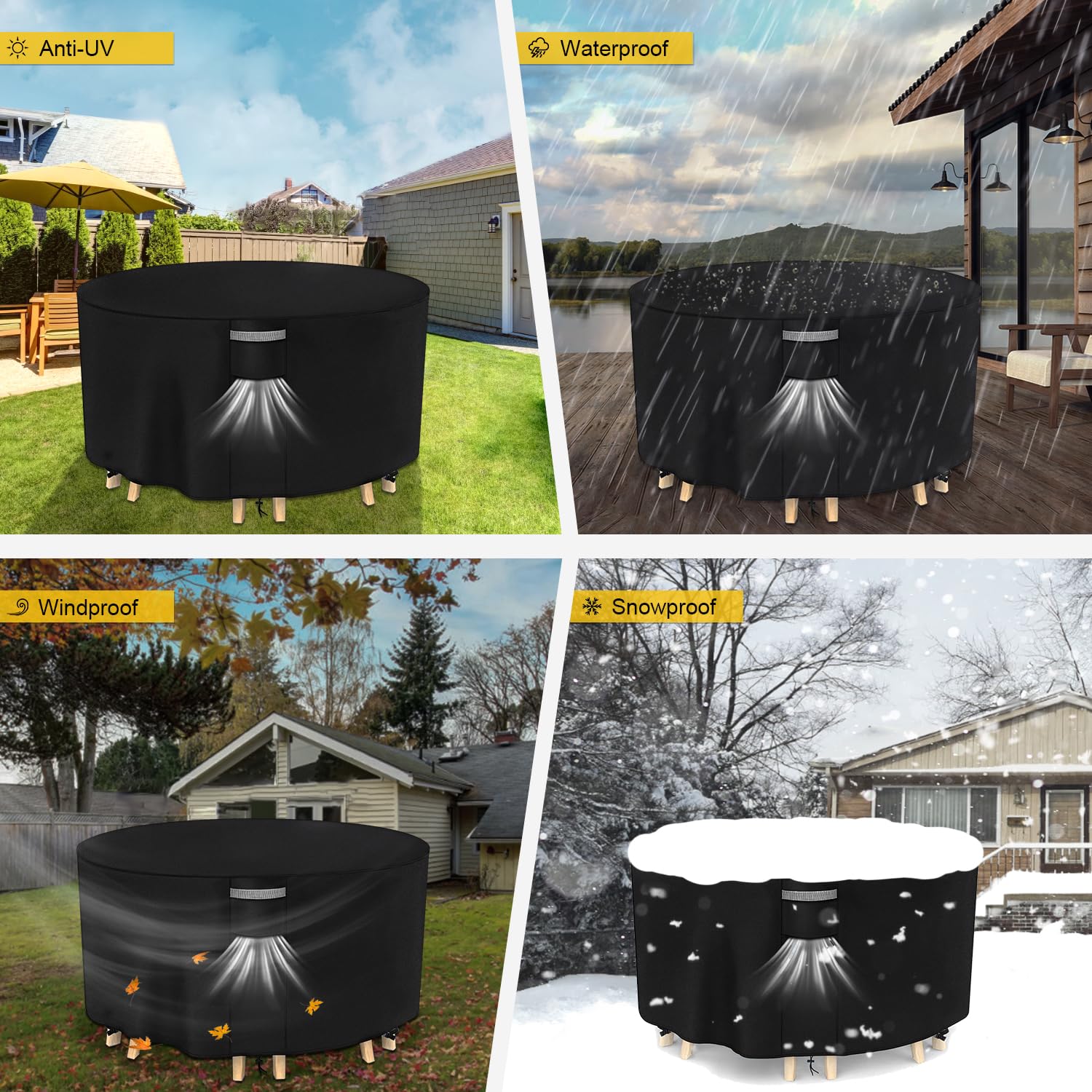 Dokon Copertura per Tavolo da Giardino Impermeabile Tessuto Oxford 420D Antivento Anti-UV Copertura Mobili Esterno con Prese d'Aria, Telo Copri Tavolo, Rotonda (Ø163x90cm) - Nero