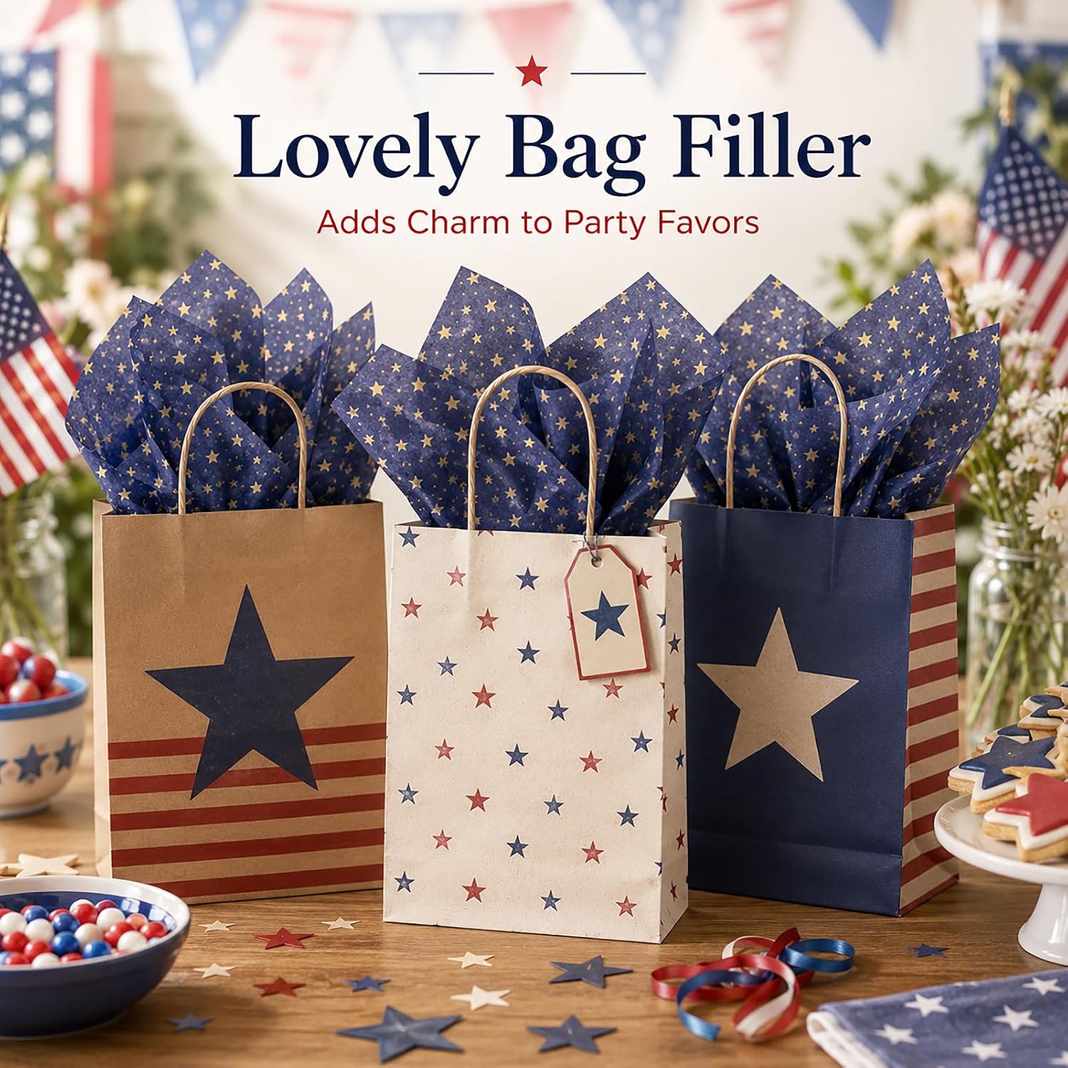 60 Sheets Vintage Patriotic Star Tissue Paper, 13.8 x 19.7'' Blue Gold Stars Patterns Gift Wrapping Paper for 4th of July DIY Craft Memorial Day Party Supplies (Gold)