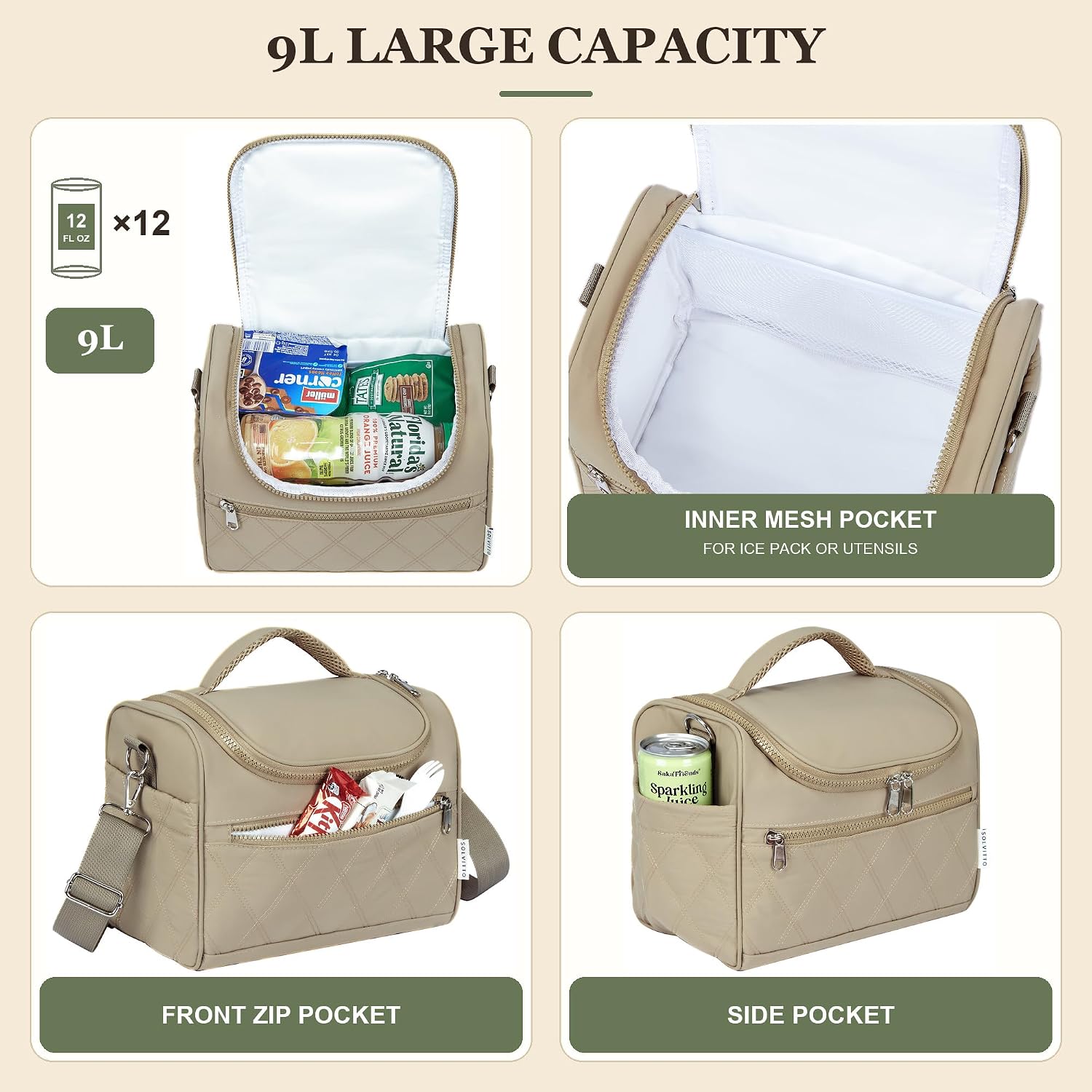 Lunch Bag for Women Insulated Adult Lunch Box (Khaki, 9 L) image 3