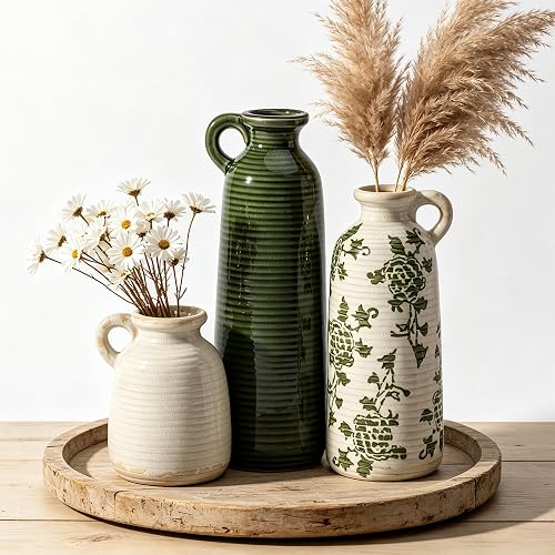Ceramic Vase Set of 3 with Handles, Green White Neutral Rustic Modern Farmhouse Boho Decor, Versatile as Table Centerpiece or Mantel & Shelf Accent - Unique Home Gift Idea