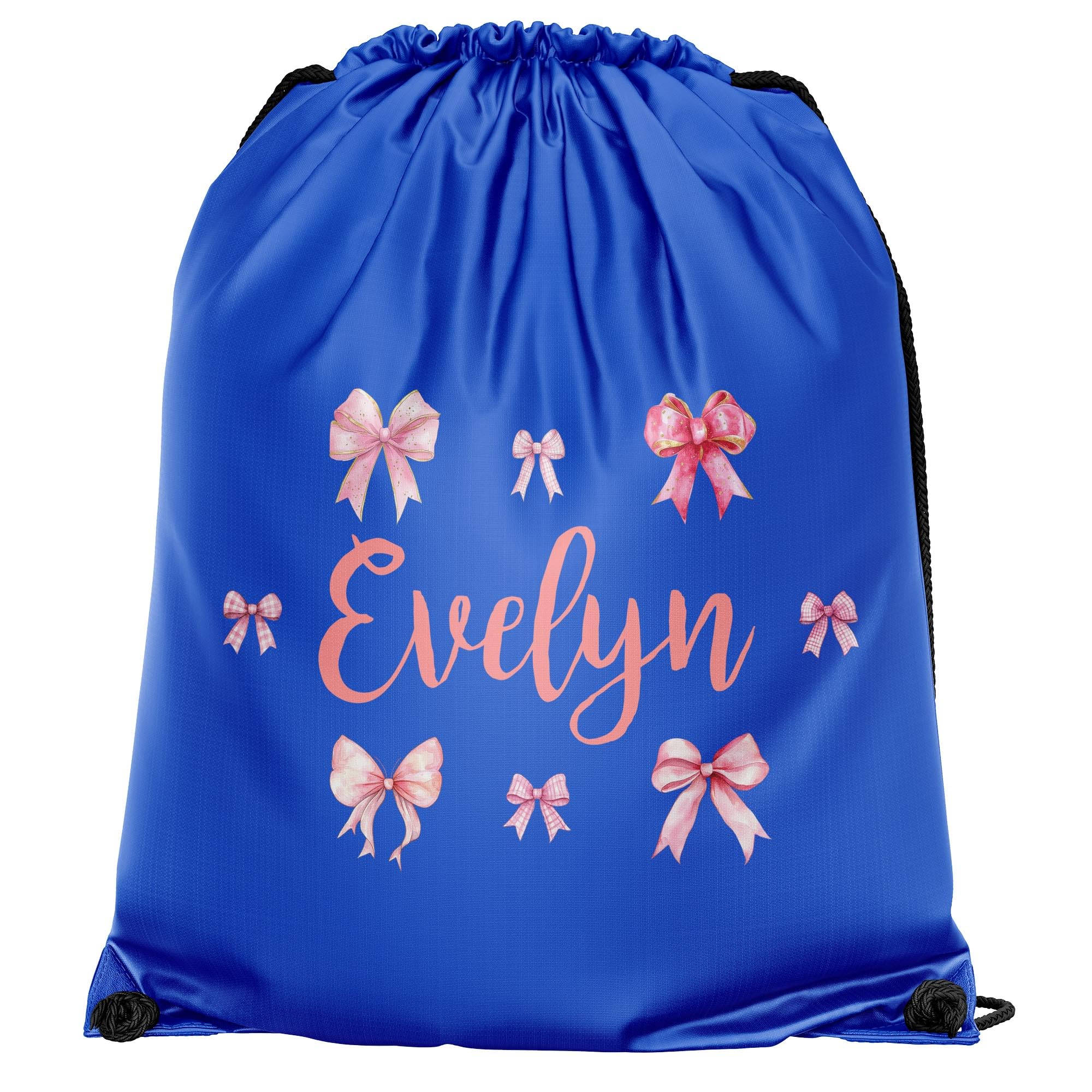 Purple Print House Girls Personalised Bows Drawstring Bag Custom Name Back To School PE Sports Kit Bag Primary Kids Infants New Term Gift, One Size, Royal