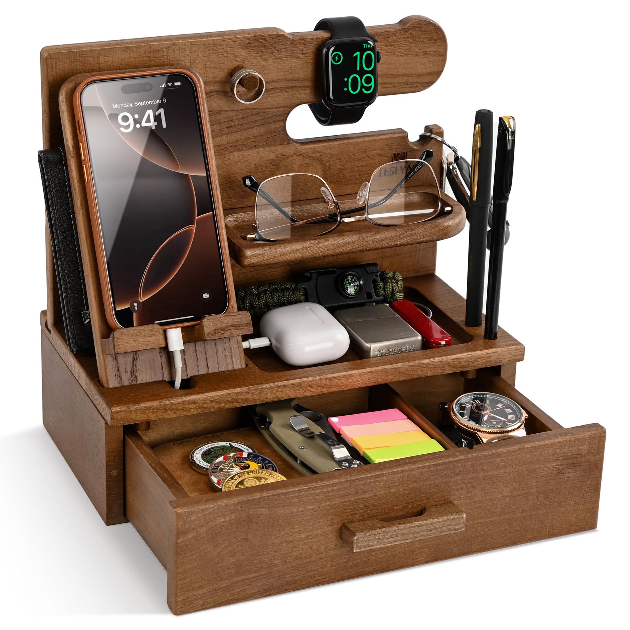 TESLYAR Station d'accueil pour téléphone en bois avec tiroir, organisateur de table de chevet, organisateur de bureau pour mari, cadeau d'anniversaire pour homme, papa, idée d'anniversaire, porte-clés