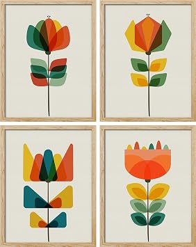 SIGNWIN Framed Mid-Century Modern Retro Botanical Flower Garden Wall Art, Set of 4 Abstract Geometric Wall Decor Prints, Nature Wilderness Wall Decor for Living Room, Bedroom - 11"x14" Natural