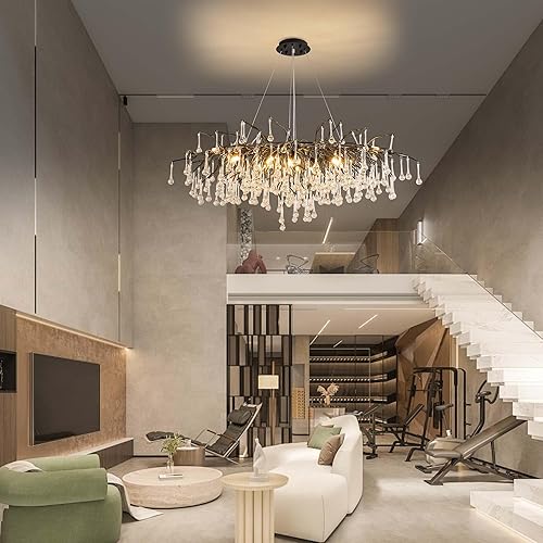 Miniatura 101 de Candelabro moderno de ramas de árbol de cristal, color negro, 40 pulgadas, Art Deco Rectángulo Lineal con gotas de lluvia para interiores, comedor