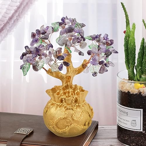 Miniatura 4 de mookaitedecor Árbol de dinero de cristal amatista con base de bolsa de dinero dorada para la suerte de la riqueza, árbol de Feng Shui Bonsai