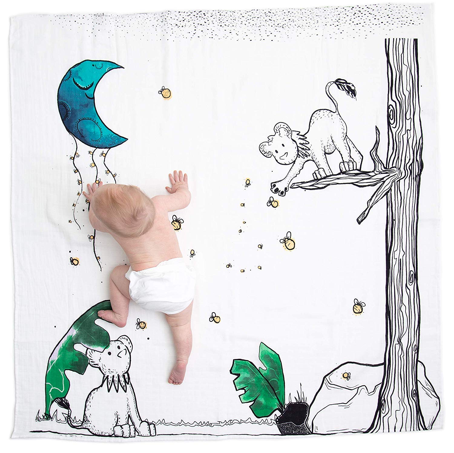 JumpOff Jo - Baby Blanket Swaddle, Hypoallergenic, 100% Cotton Baby Muslin Blanket with Original Storytelling Designs - 47" in. x 47" in. - Liohearted