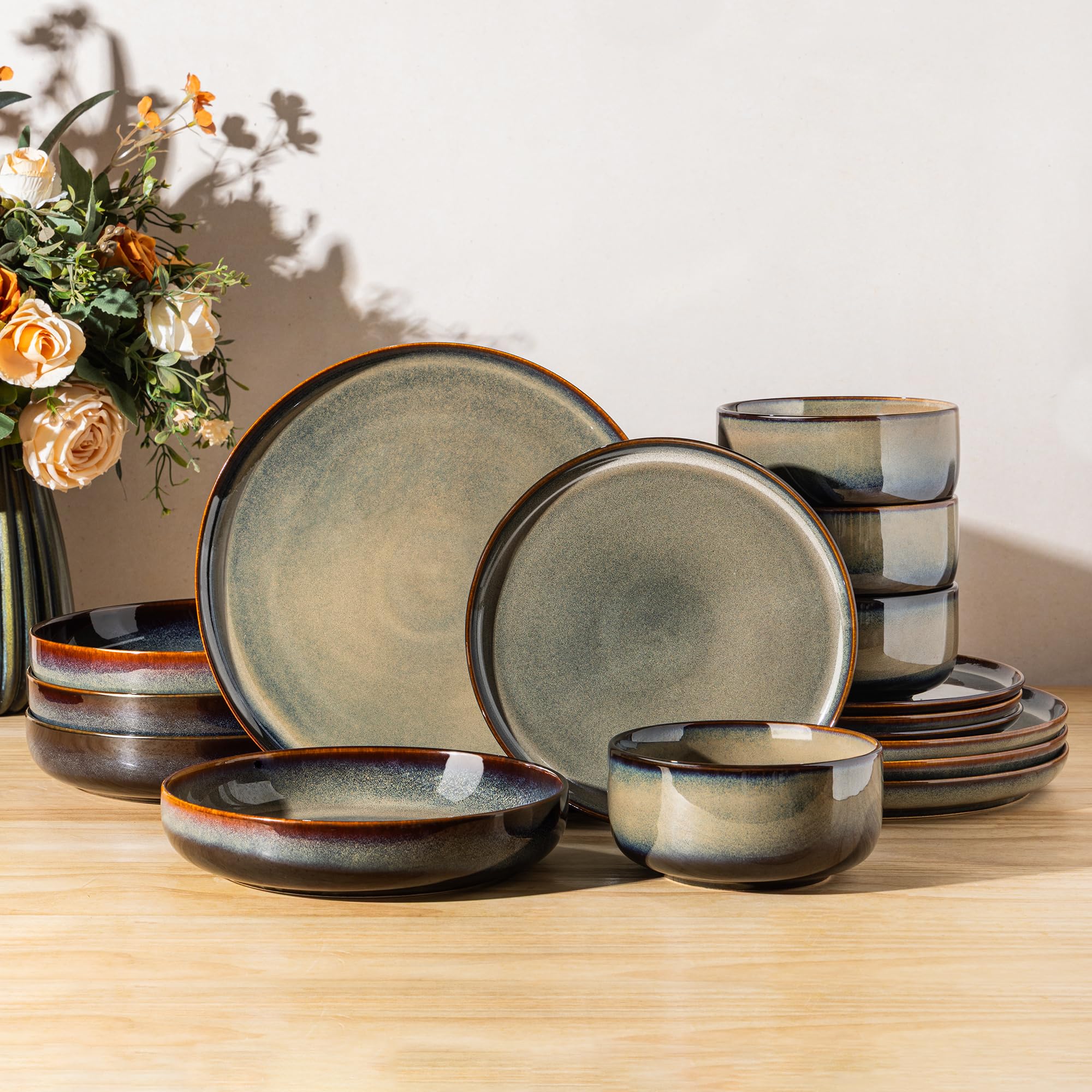 Ceramic Dinnerware Set for 4, 16-Piece Plates and Bowls Set | Handmade Reactive Glaze Dish Set, Scratch Resistant, Oven &amp; Microwave &amp; Dishwasher Safe, Mocha Brown