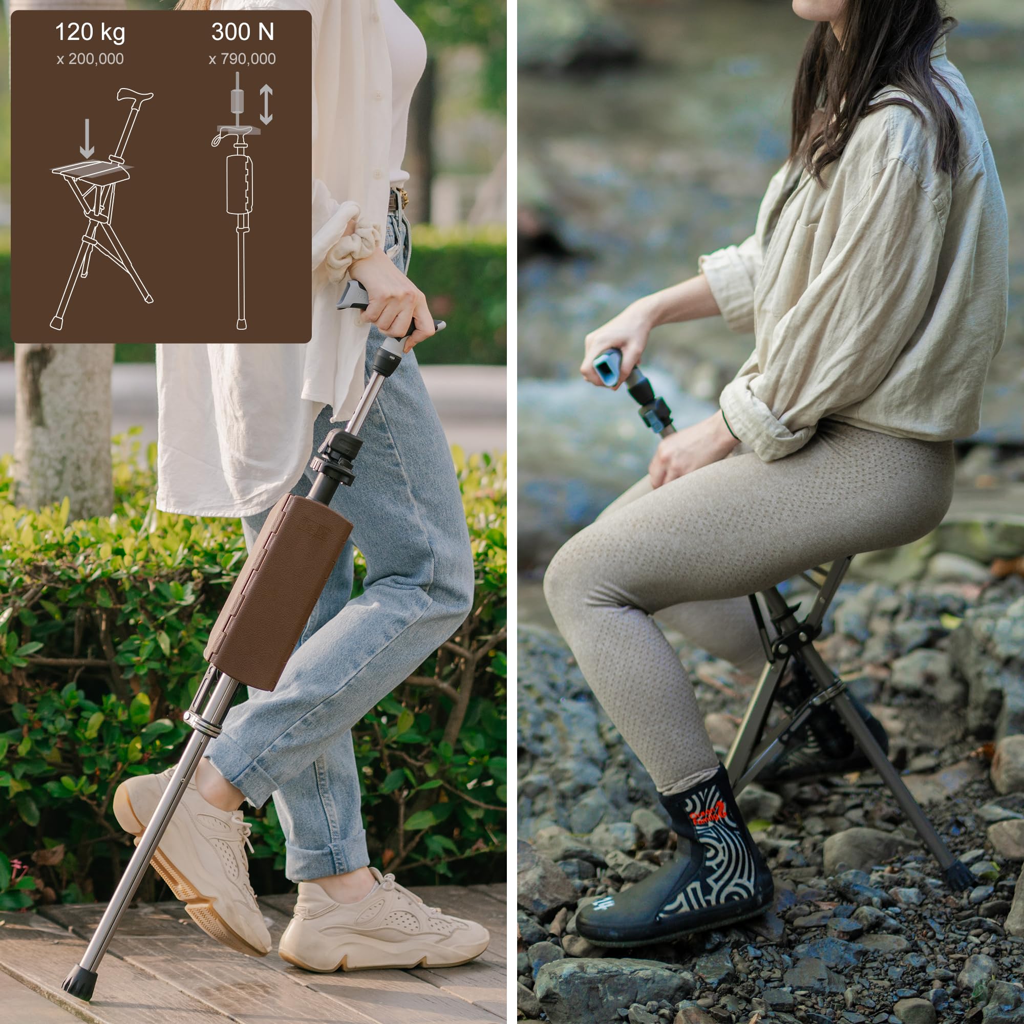 Ta-Da Chair Pro - Canne de Marche avec siège, Cadre en Aluminium Ultra-léger, Tabouret Pliable Robuste (jusqu'à 120 kg), Design Pliable, idéal pour Voyages et visites touristiques - Brun, Ajustable