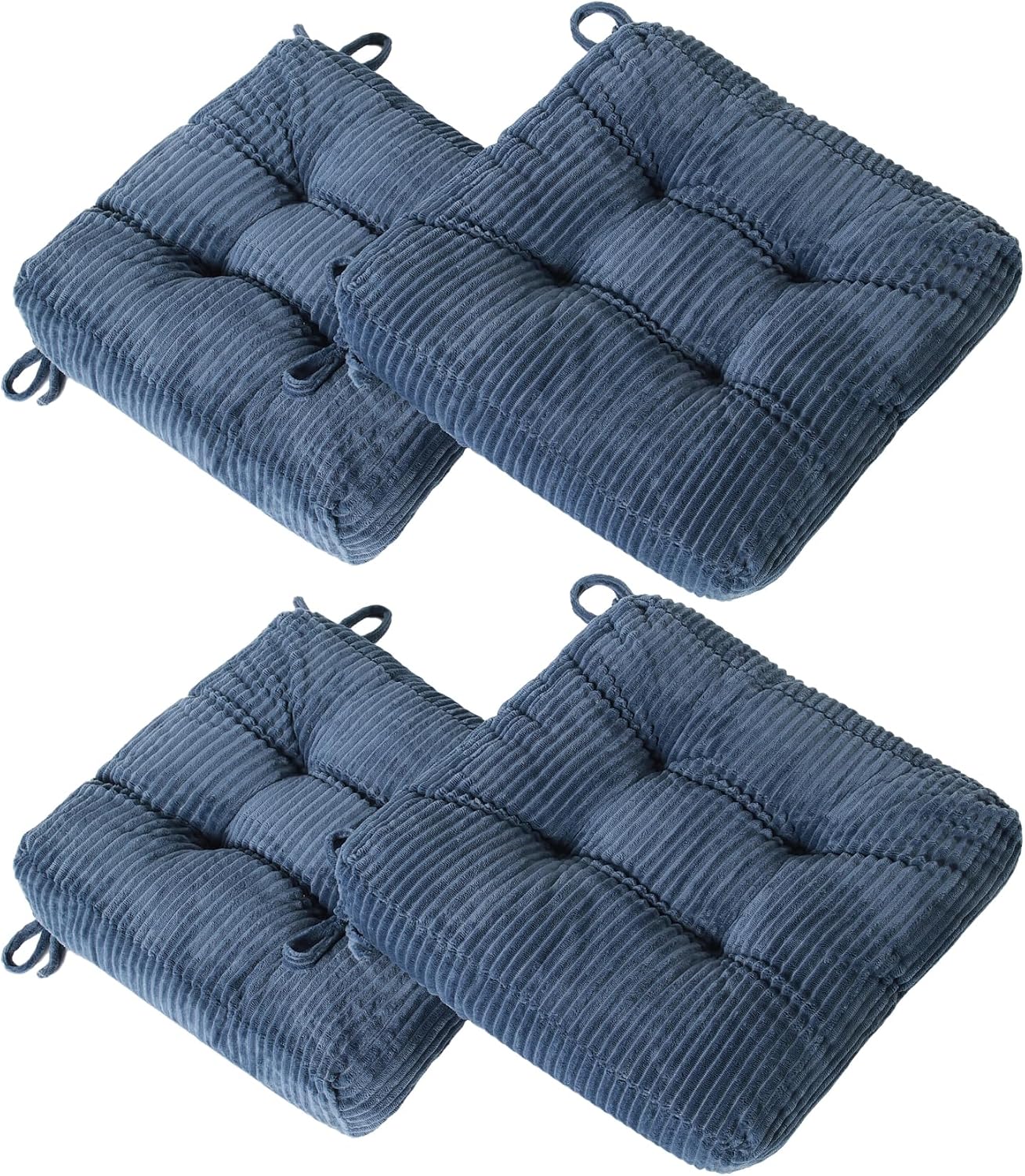 Chair Cushion 16.5 x 16.5 Inches, 4-Inch Thick Seat Cushion with Ties & Non-Slip Bottom, Elastic Corduroy Chair Pad for Dining Chairs, Kitchen, Office (Blue, Pack of 4)