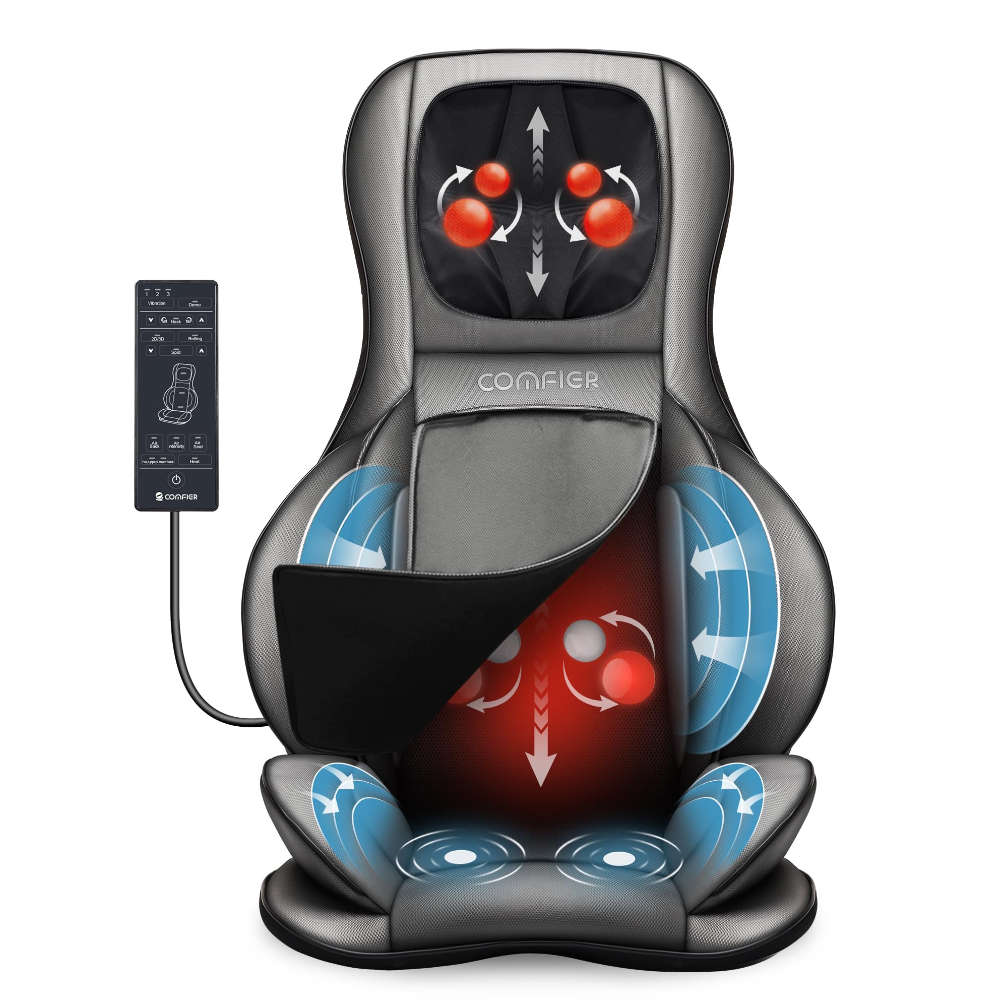 COMFIER Siège Massant Shiatsu pour Dos & Cou - Masseur de Dos Complet à Pétrir 2D / 3D avec Chaleur et Compresse réglable, Fauteuil Massant pour hanche/nuque/dos, Masseur Complet du Corps
